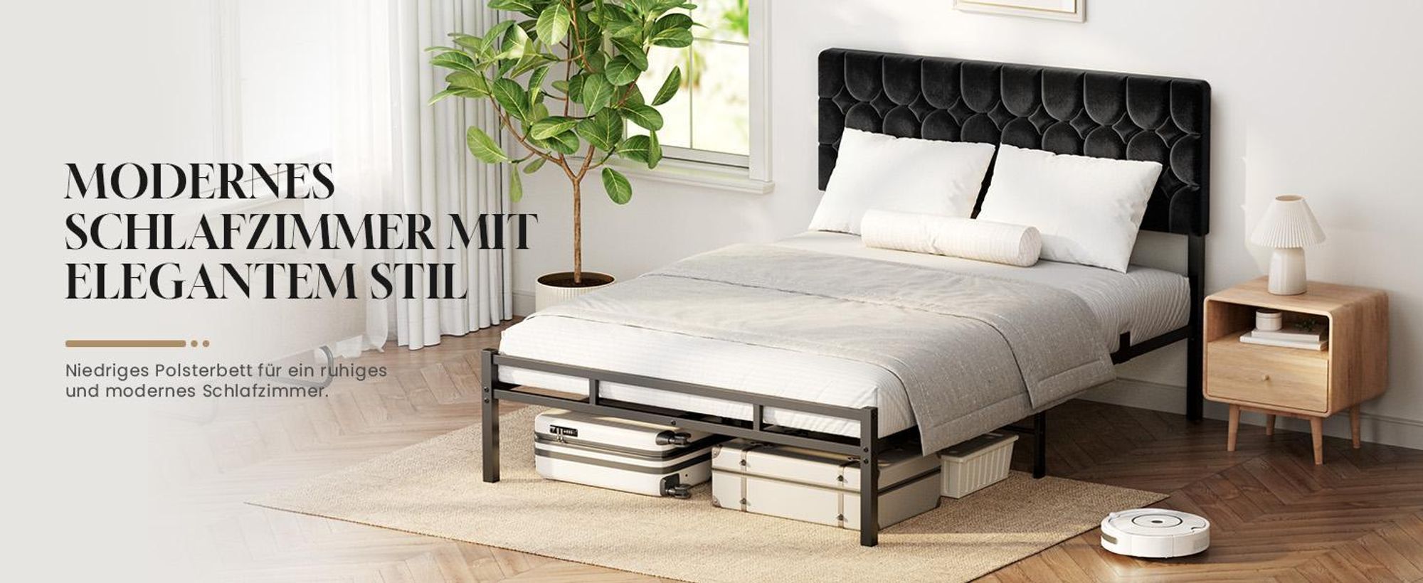 Doppelbettgestell 160x200 cm Metallbett mit gepolstertem Kopfteil Bettrahmen Stahl Stauraum unter dem Bett Plattformbett geräuschlos Schwarz