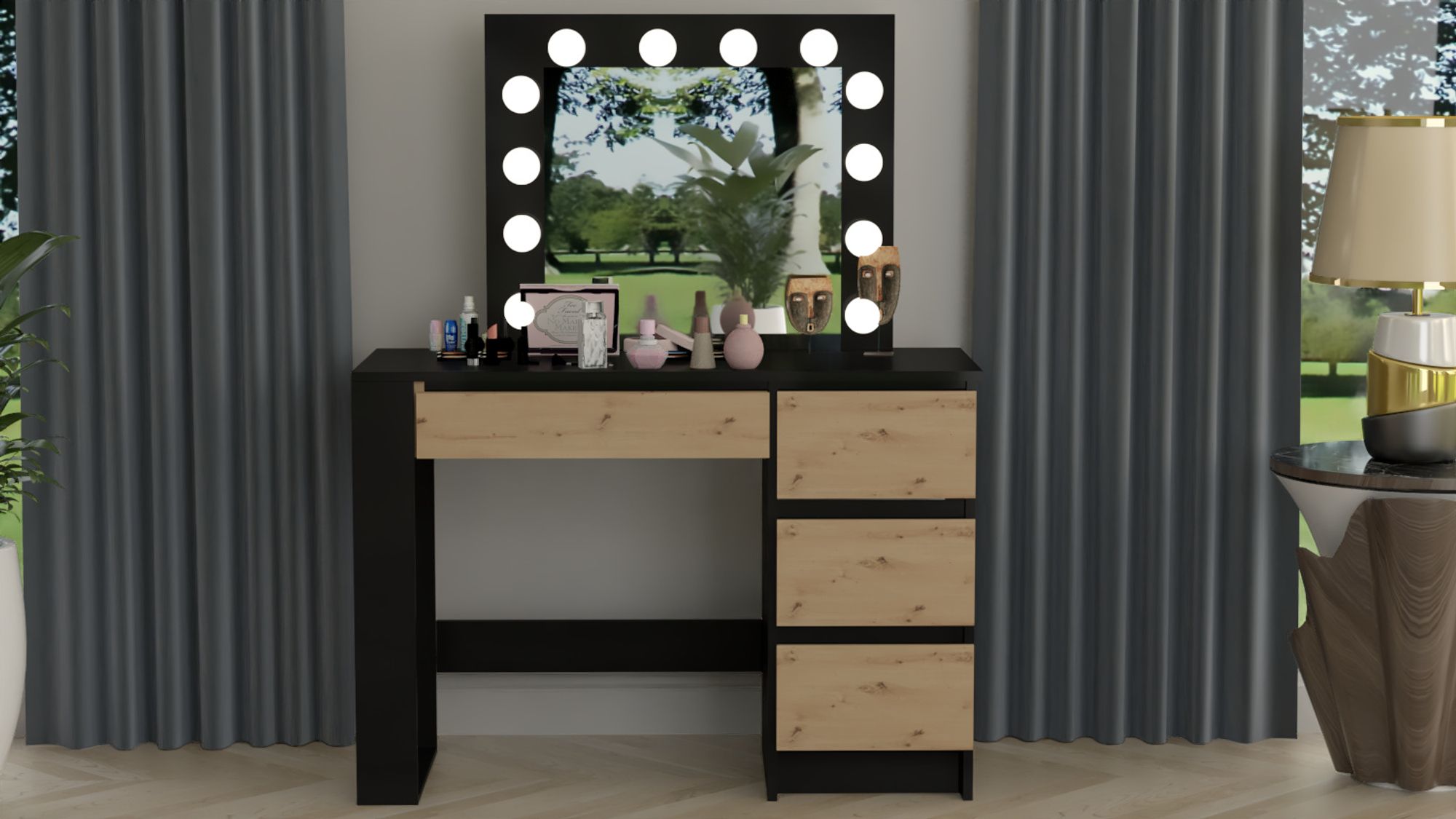 Schminktisch mit Spiegel und LED-Beleuchtung – 12x LED – Kaschmir