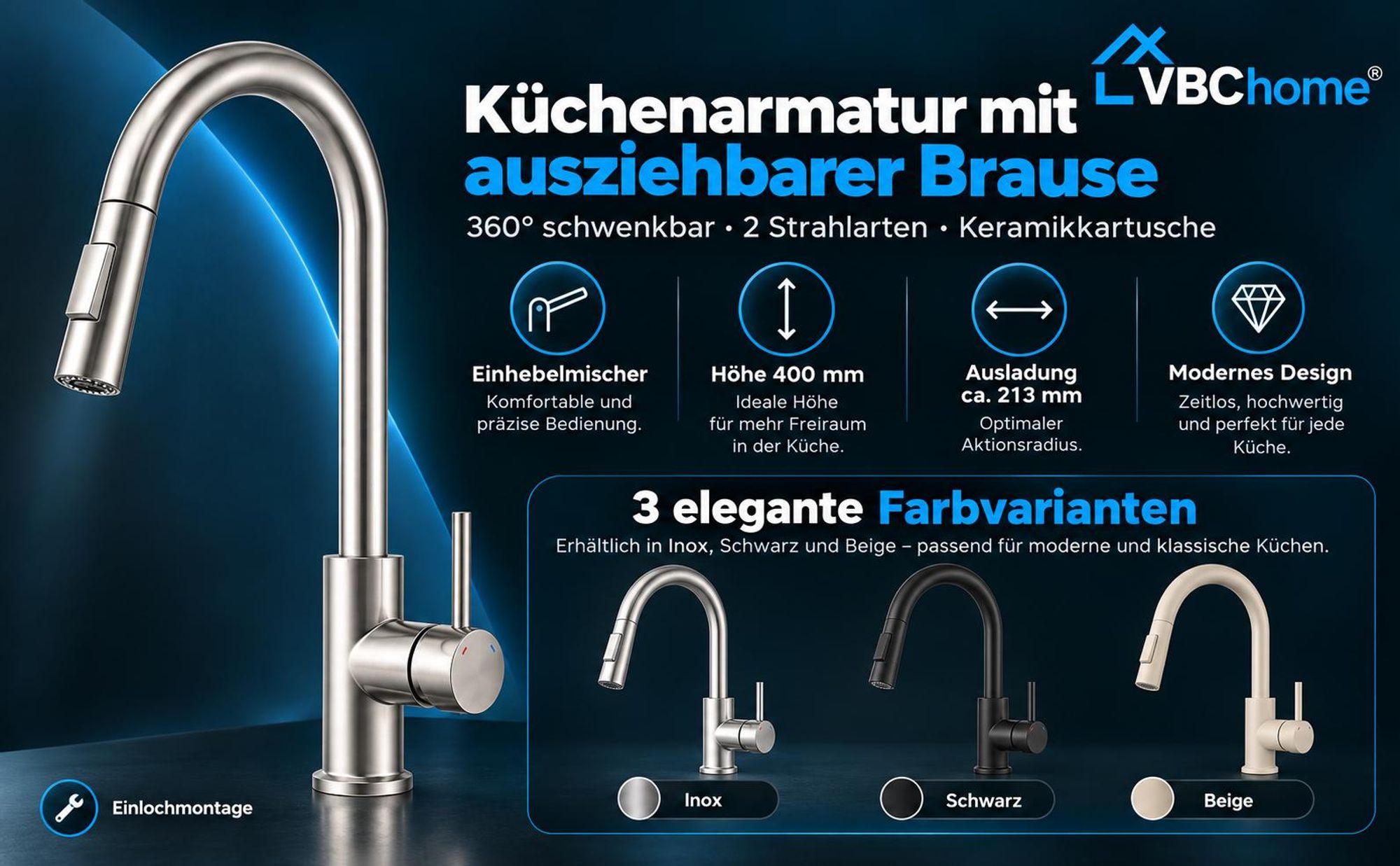 VBChome Küchenarmatur Beige mit ausziehbarer Brause 360° schwenkbar 2 Strahlarten Keramikkartusche Einhebelmischer Höhe 400 mm