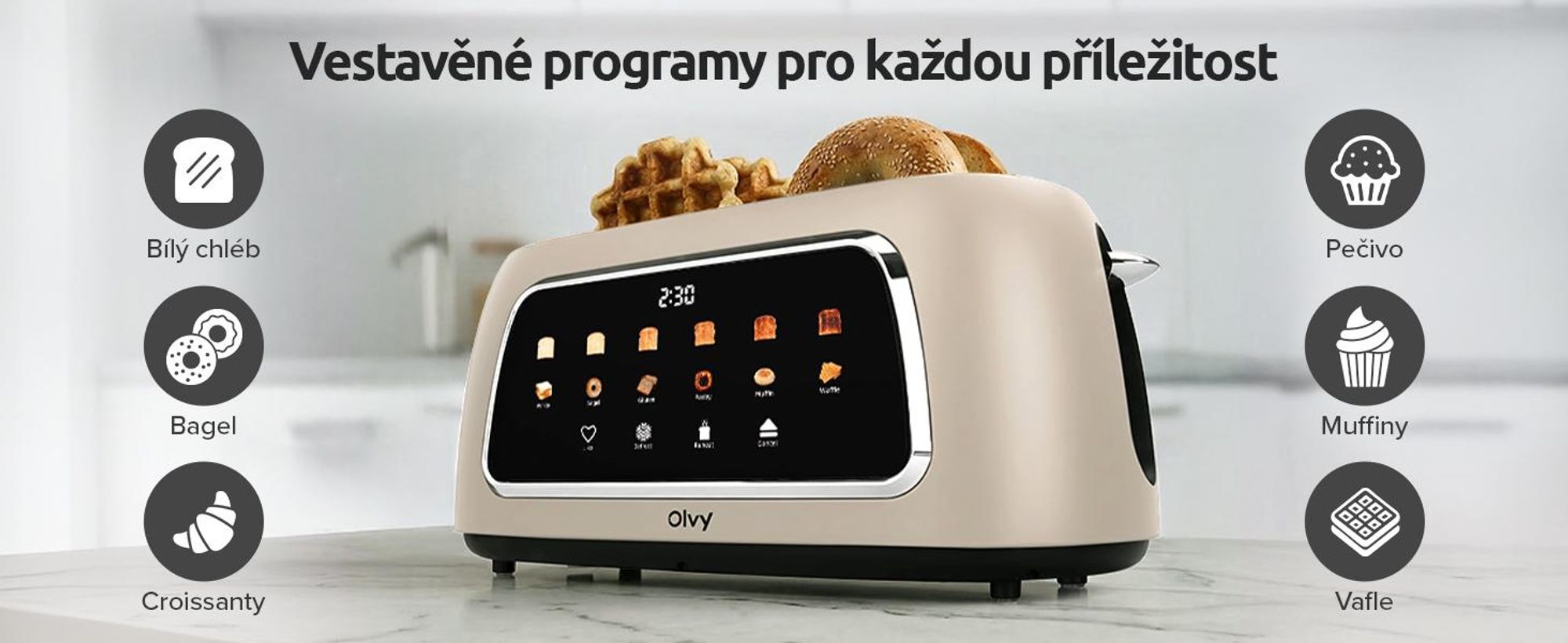 Toustovač Olvy na 4 krajíce, dlouhé otvory, digitální displej s časovačem, 6 stupňů opékání, široké otvory, funkce rozmrazování a ohřívání, 1500 W, černý