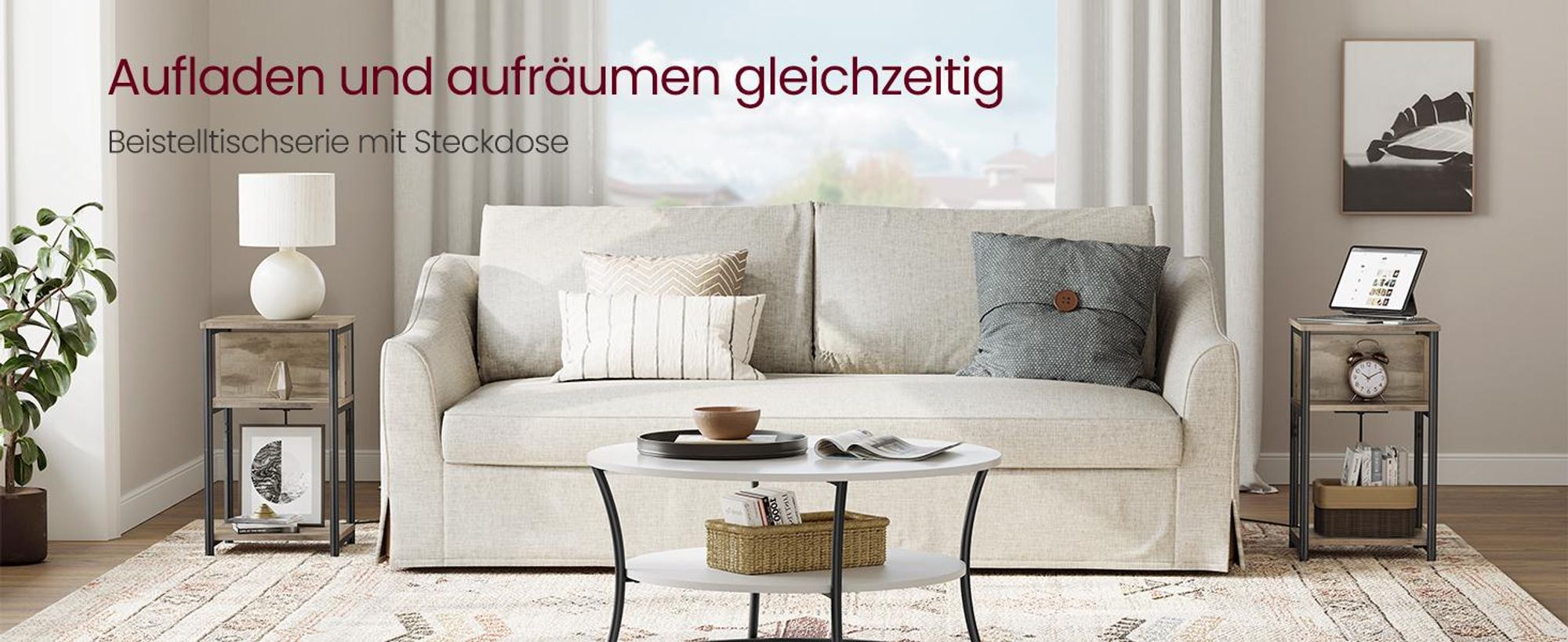 VASAGLE Beistelltisch (1-St), mit Steckdose, 2 AC-Anschlüsse, 2 USB-Anschlüssen