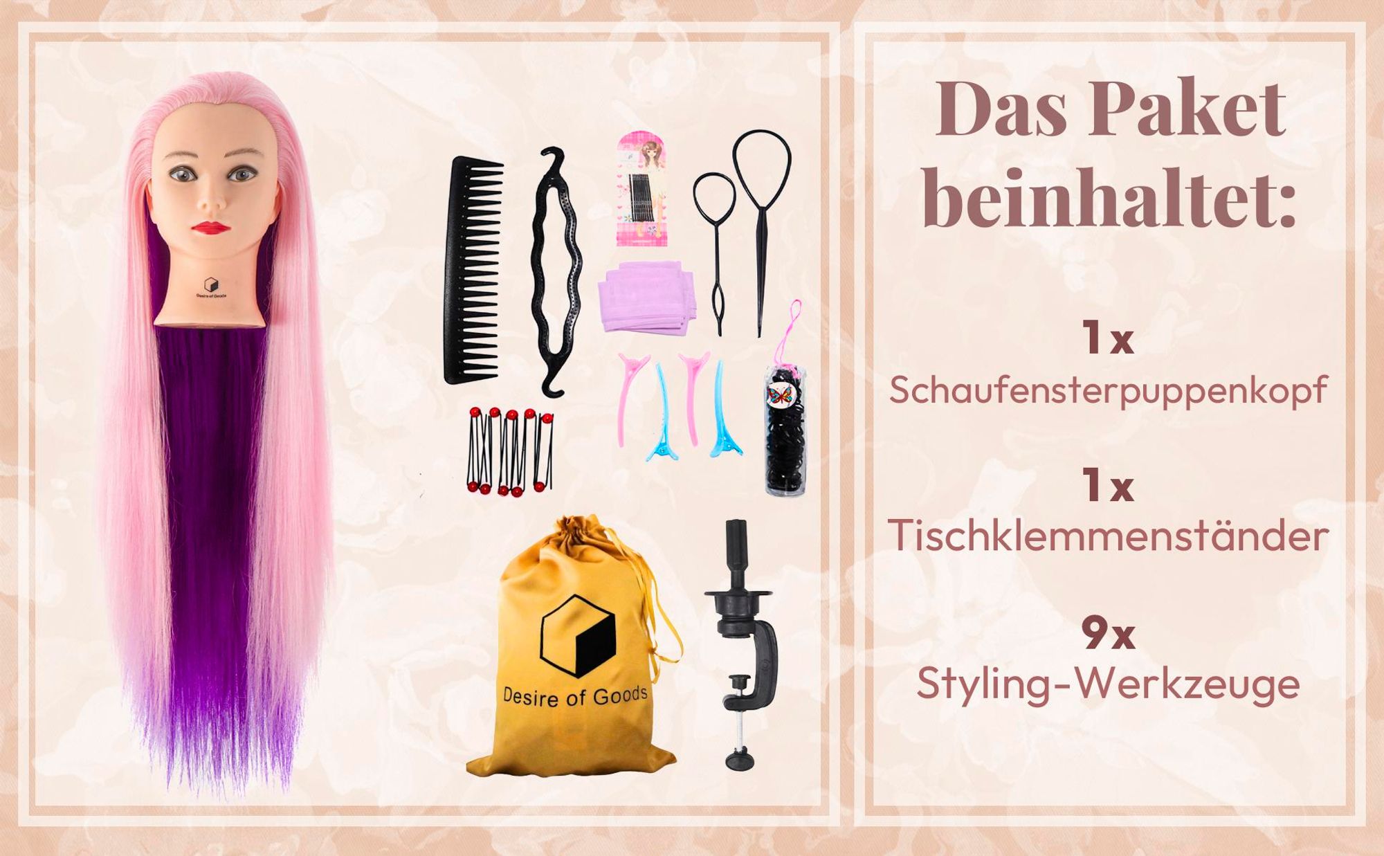 Desire of Goods Übungskopf Friseurkopf Lila – mit Tischklemme – Frisierkopf für Kinder – Friseurkopf – 70 cm