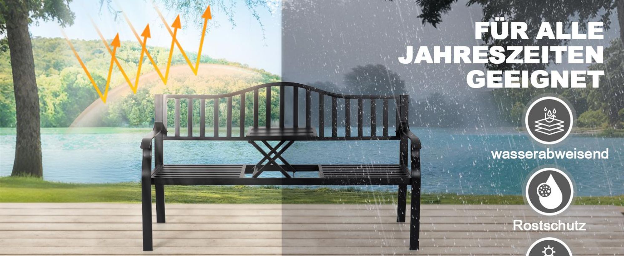 Avestar Gartenbank Outdoor Terrassenbank, E-beschichteter Metallrahmen Parkbank mit integriertem kleinen Tisch, Schwarz