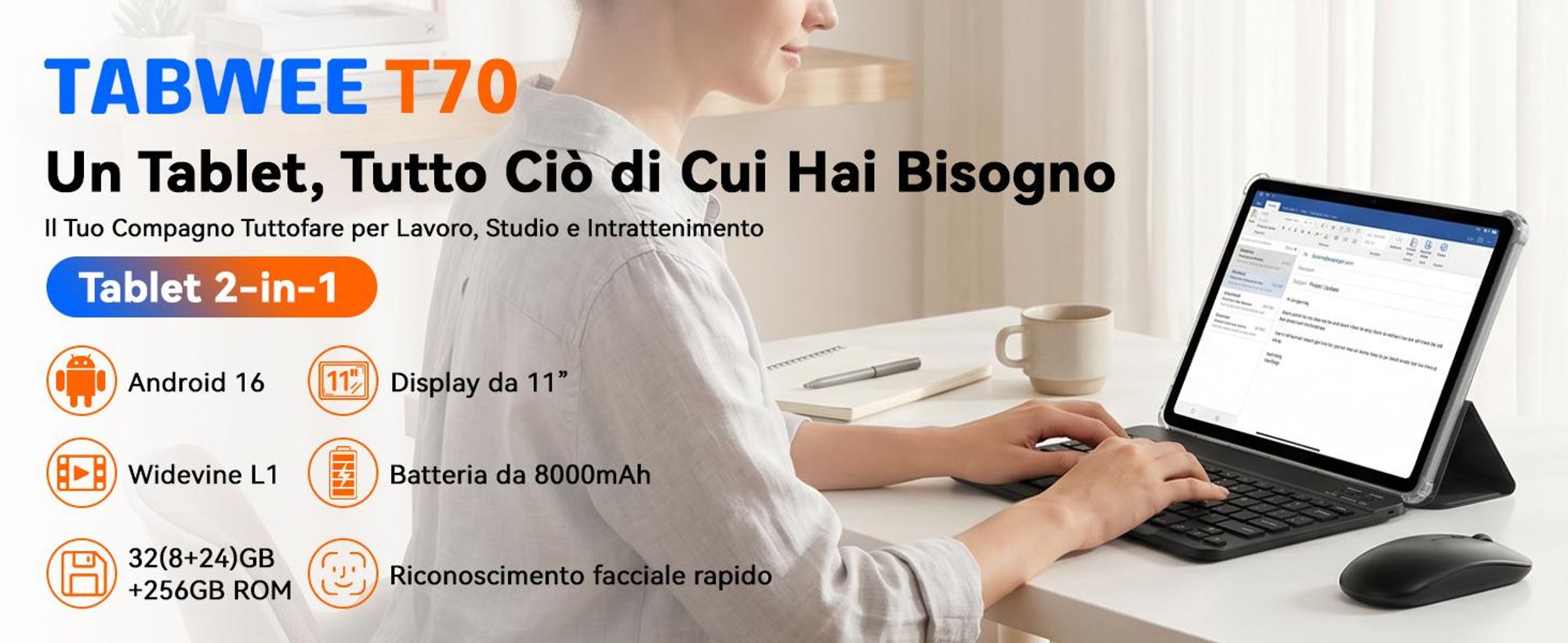 TABWEE T70, tablet da 11 pollici, 32 (8+24) GB di RAM + 256 GB di memoria, Android 16, batteria da 8000 mAh, Bluetooth 5.0, riconoscimento facciale, supporto Widevine L1,  Rheinland. Include tastiera, mouse e penna stilo