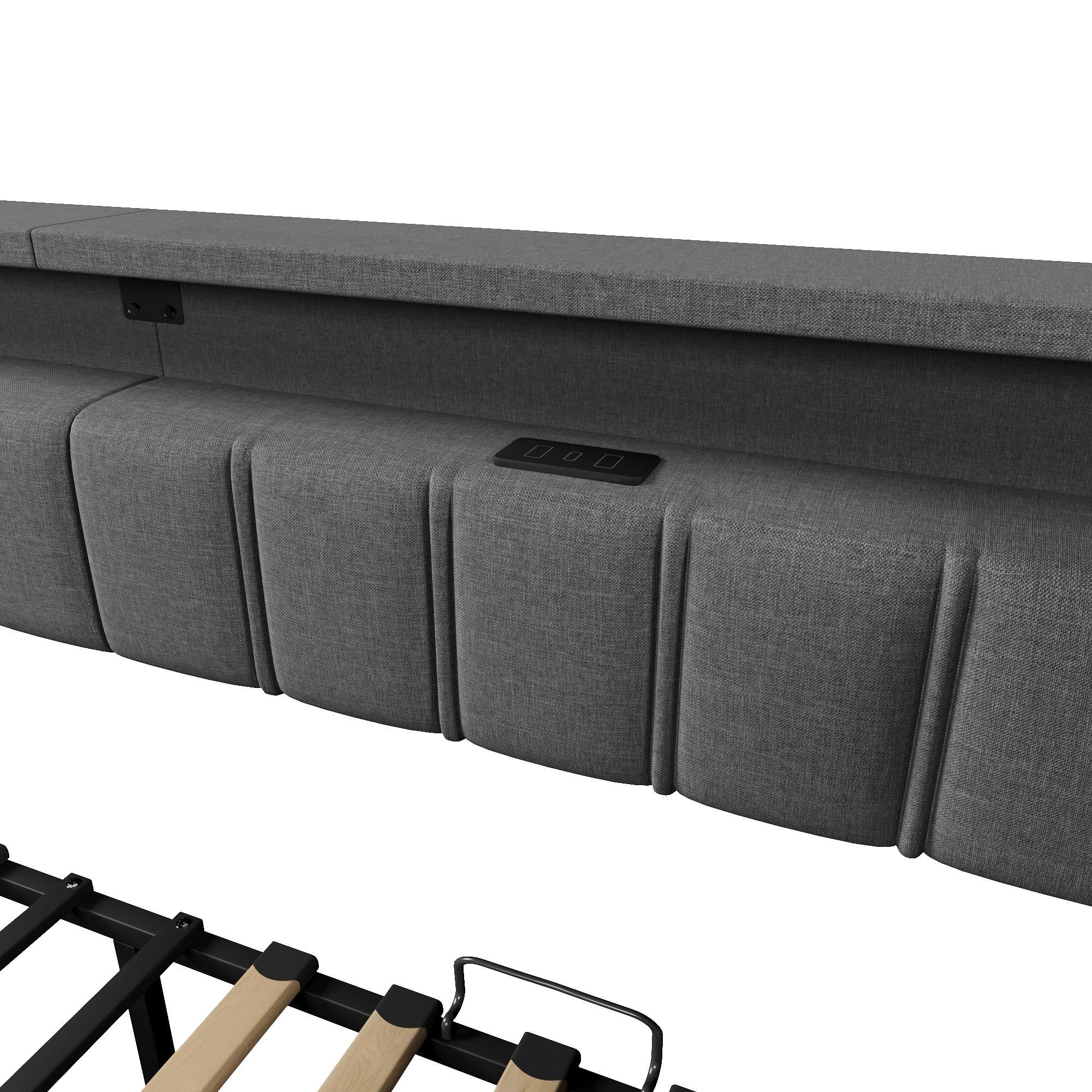 Merax Tagesbett 90x200 cm, Schlafsofa mit Ausziehbett und 2 Schubladen, LED-Leiste, USB & Type-C, Aufbewahrungstaschen, Leinen Daybett, Grau