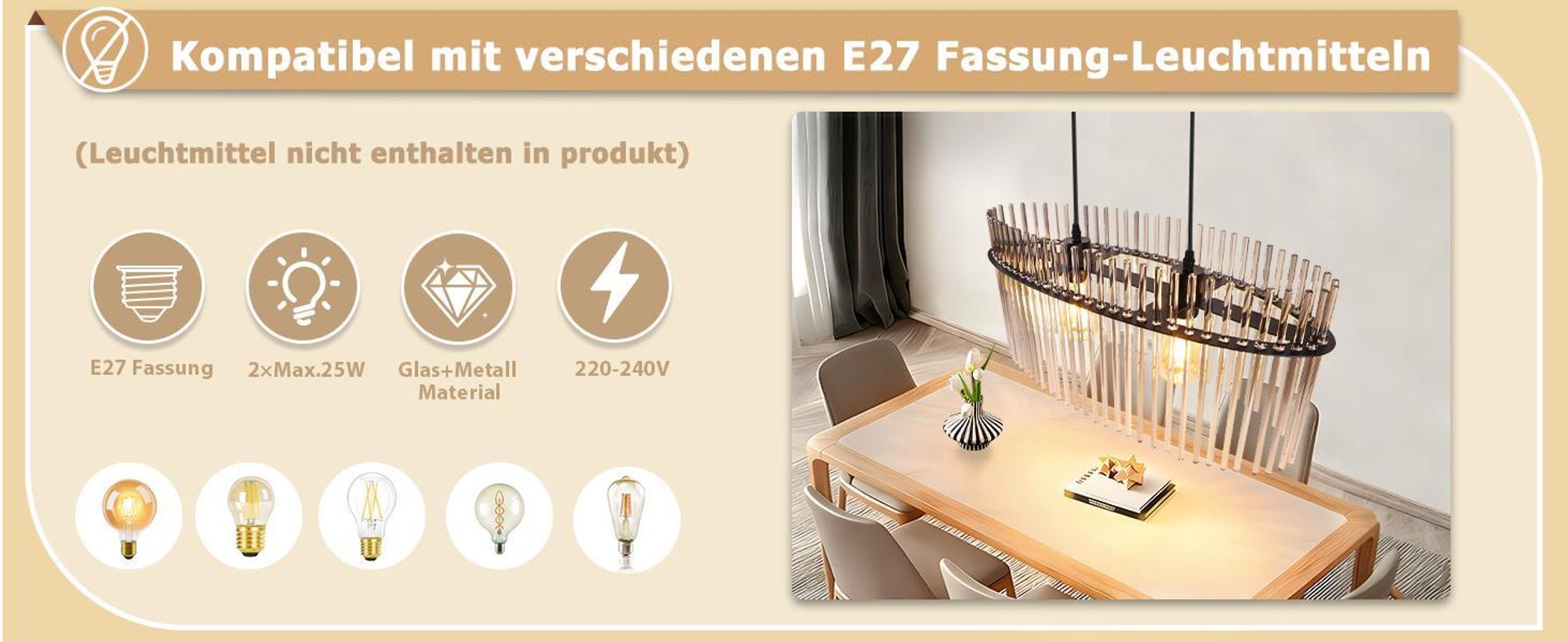 ZMH Pendelleuchte 2 Flammig Hängeleuchte Esstisch E27 Pendellampe Esstischlampe Hängend Glasschirm Ø60cm für Küche Wohnzimmer(ohne Leuchtmittel)