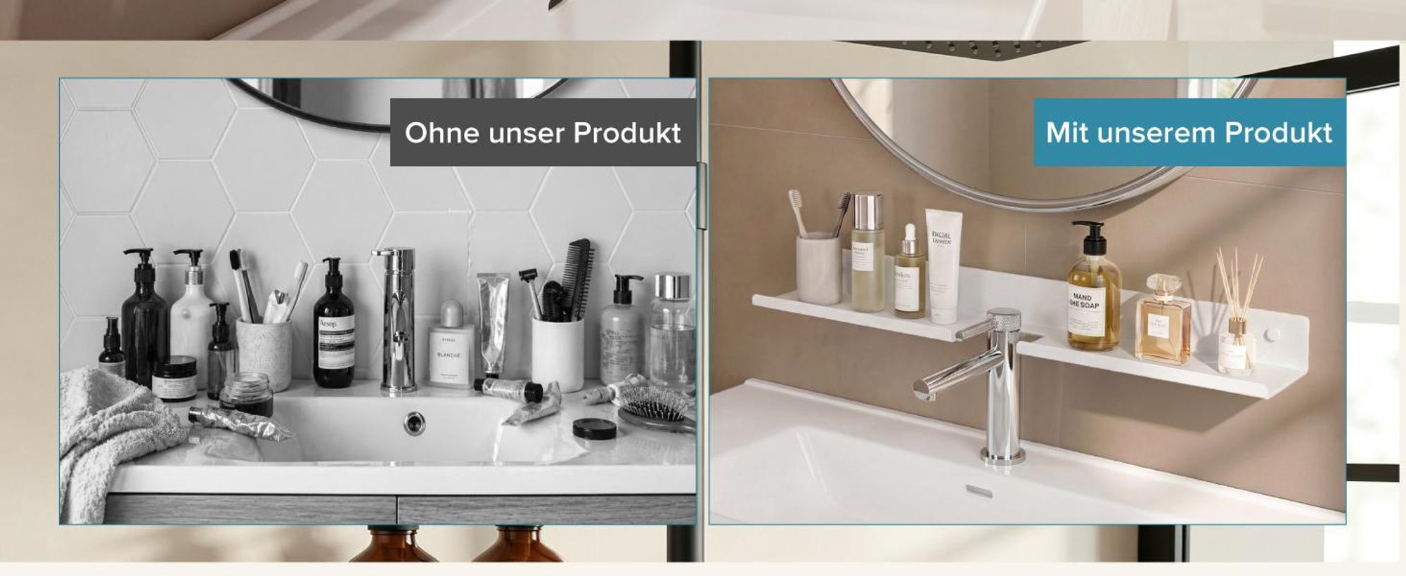 doporro Waschbecken Ablage 60cm über dem Wasserhahn, Badezimmer Regal Montage mit oder ohne Bohre, Waschbecken-Wasserhahn-Organizer, Sandweiß Reglo-17