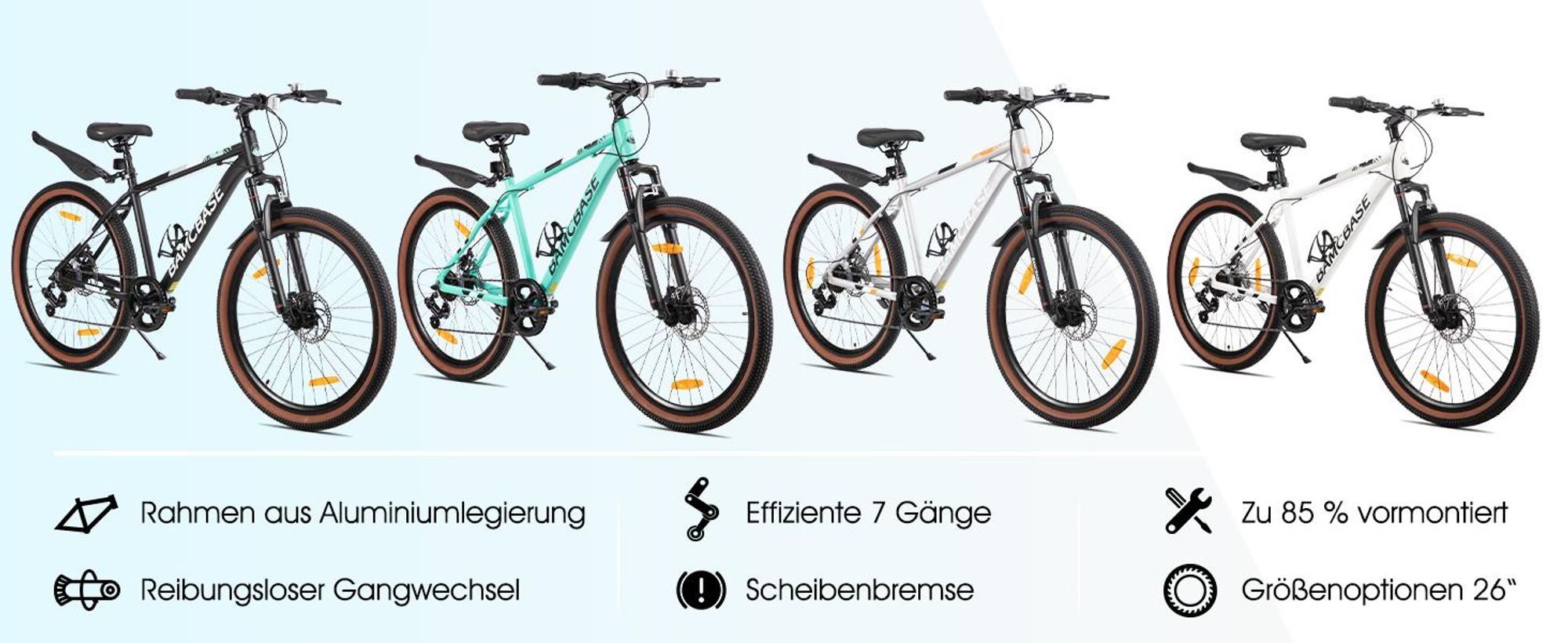 26 Zoll Mountainbike mit Aluminiumrahmen, ergonomischer Sattel für ermüdungsfreie Langstreckenfahrten, Shimano 7-Gang & mechanische Scheibenbremsen