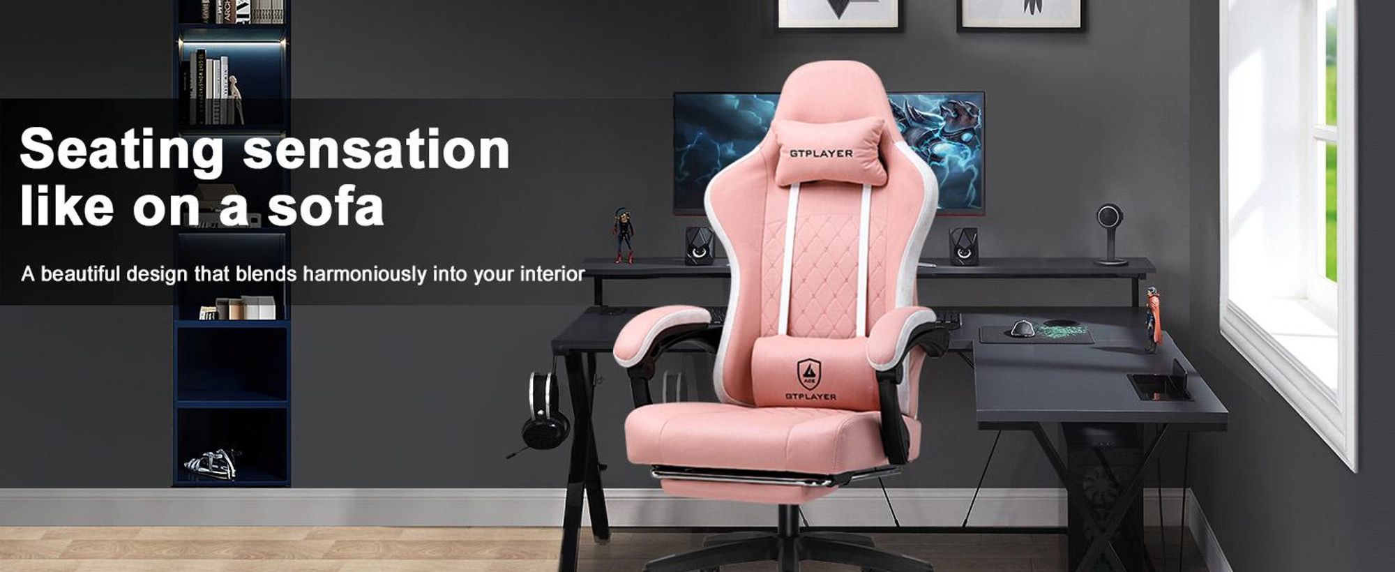 GTPLAYER Herné kreslo Ergonomické herné kreslo Stolová stolička PC Gamer Racing Chair s textilným povrchom, perový sedák s opierkou na nohy ružová