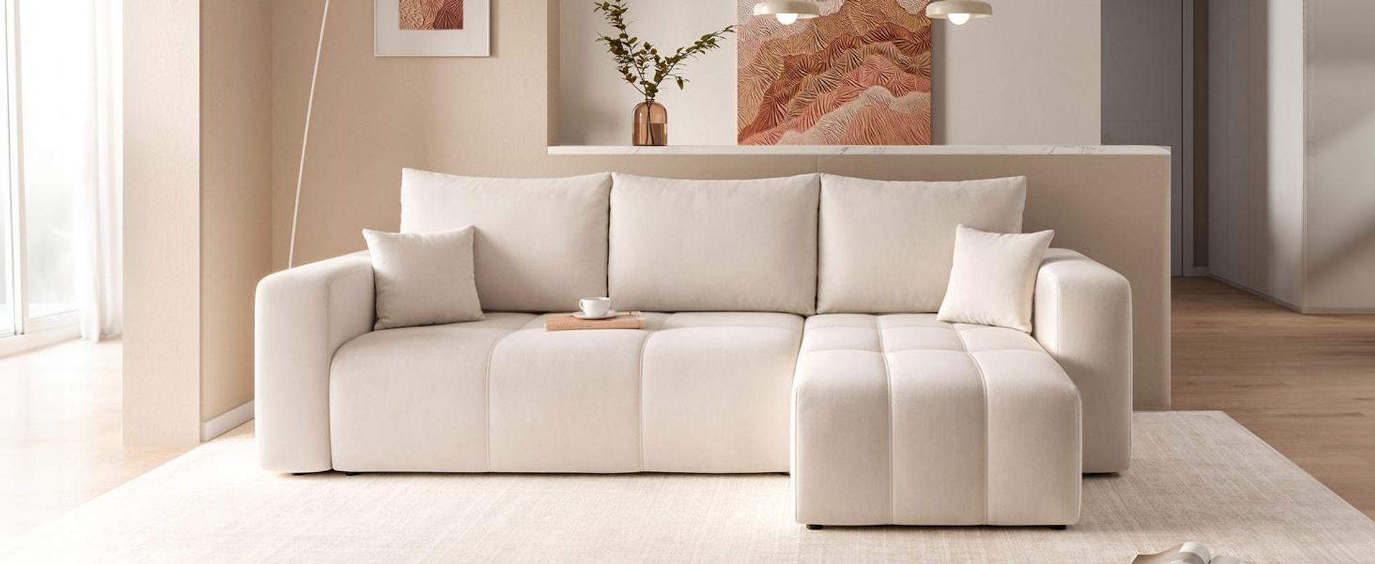 Idohome–Moderne Ecksofa mit Schlaffunktion und L-förmigen Steppungen, Couchgarnitur, Universale Couch, Sofa, Bettcouch, PEDROO - Farbe Creme Manila 01
