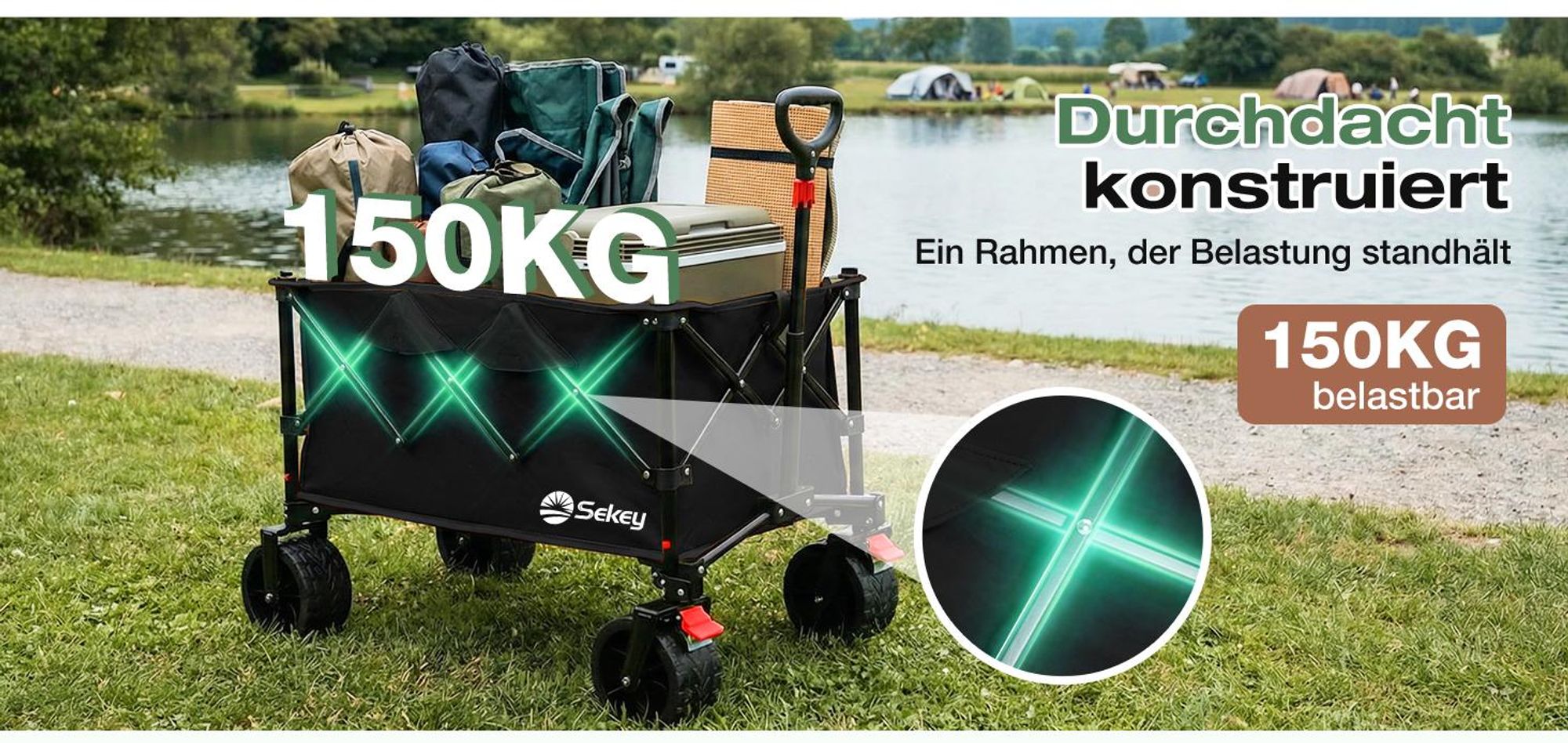 Sekey Faltbar Bollerwagen Klappbar Handwagen Gartenwagen 150kg Tragekraft Transportwagen, Schwarz