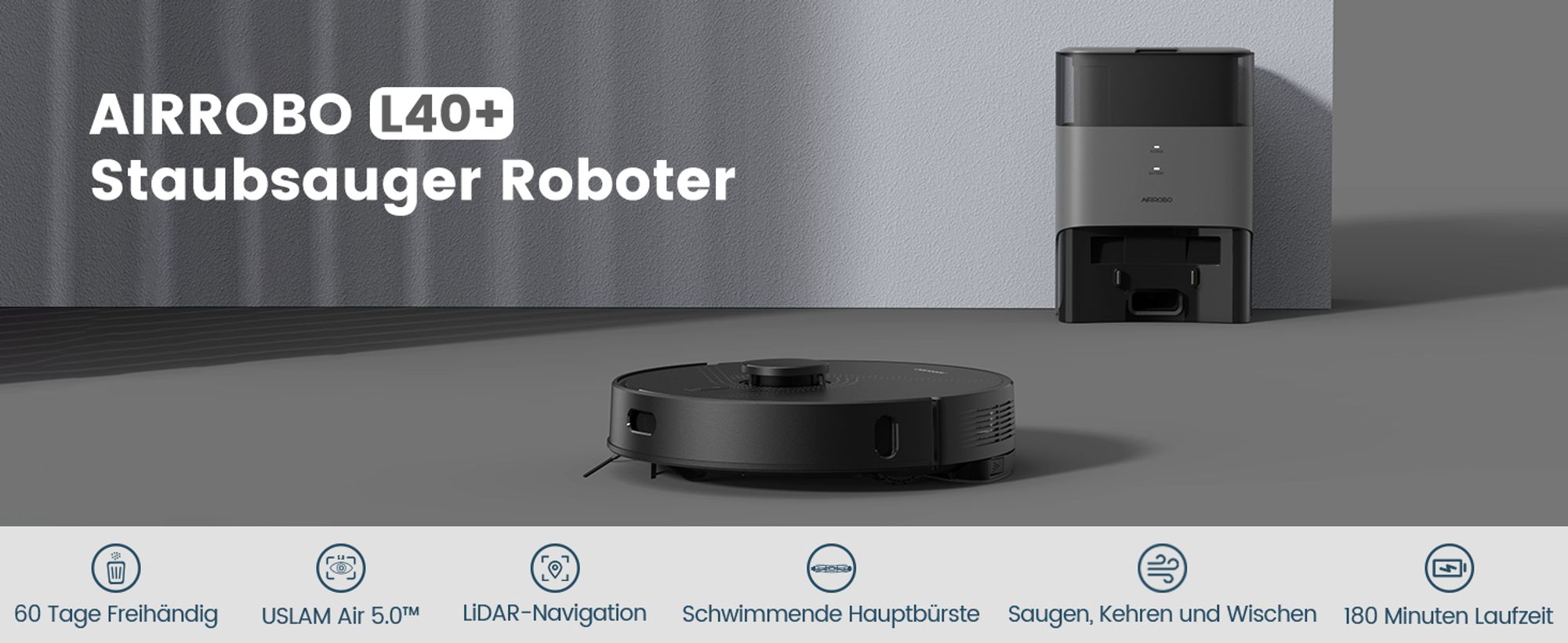 AIRROBO L40+ Saugroboter Saug- und Wischroboter mit Absaugstation, Selbstentleerend, 60-Tage-Kapazität, Heimkartierung, WLAN/App/Alexa/Fernbedienung