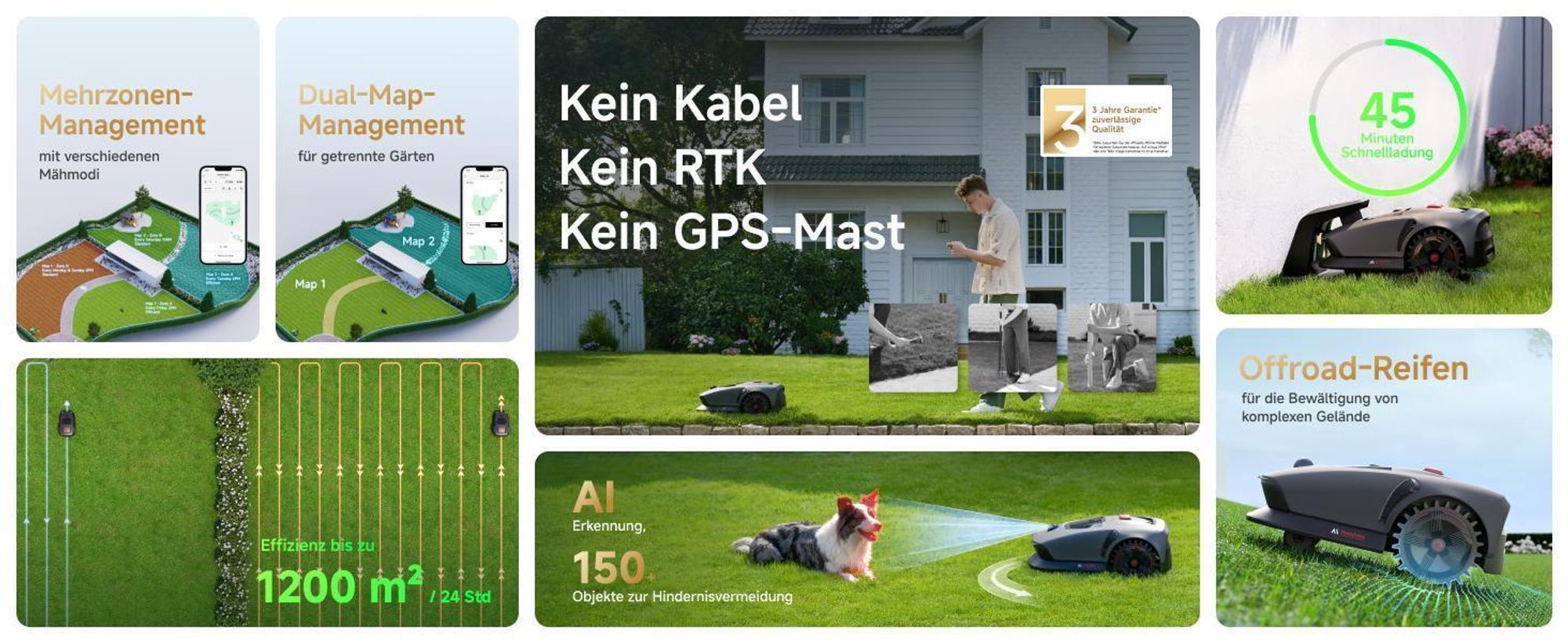 MOVA 1000 Mähroboter mit Geländereifen, 1000㎡ Kartierung, App-Steuerung