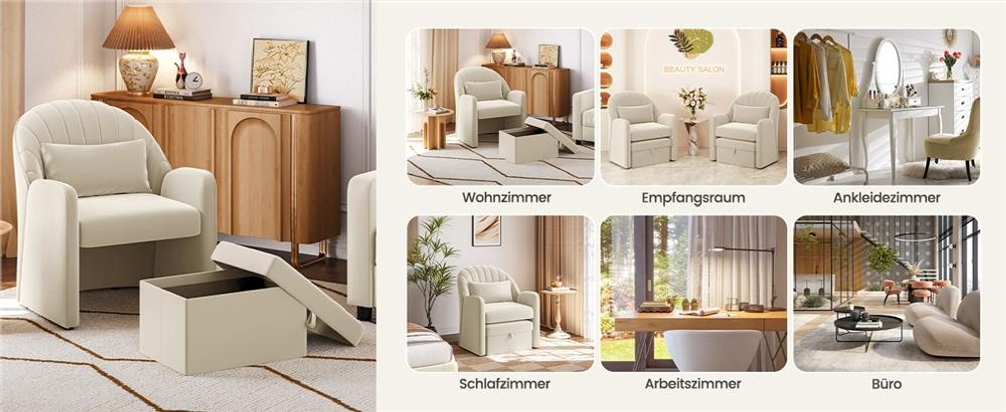 Yaheetech Sessel mit Hocker & Stauraum, bequemer Ohrensessel mit Rückenkissen, Relaxsessel aus Samt, Lounge Sessel für Büro/Schlafzimmer, Beige