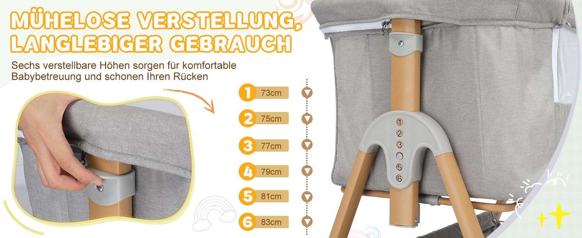 LEADZM 5-in-1 Beistellbett Babywiege Höhenverstellbar mit Matratze & Rollen，Babybett Schaukelfunktion，Grau