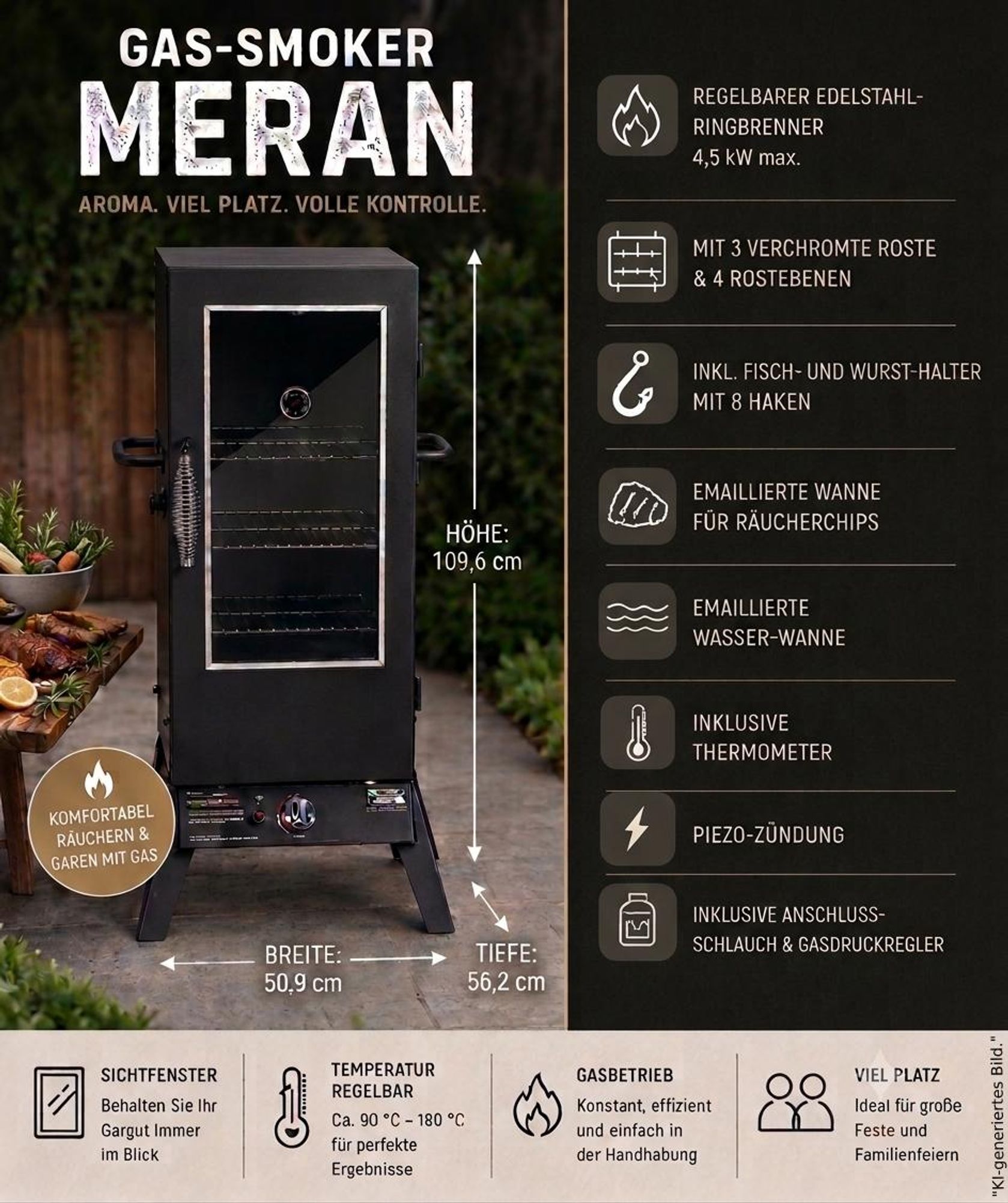 TrendLine Gas Räucherofen Meran Räucherschrank Smoker mit Sichtfenster Thermometer 4 Rostebenen schwarz