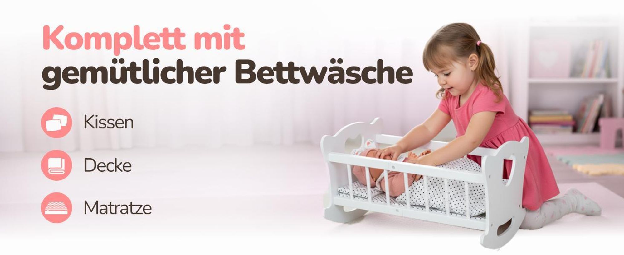 Kinderplay Holz-Puppenwiege mit Bettwäsche – Green Series GS2104 – für Puppen bis 49,5 cm