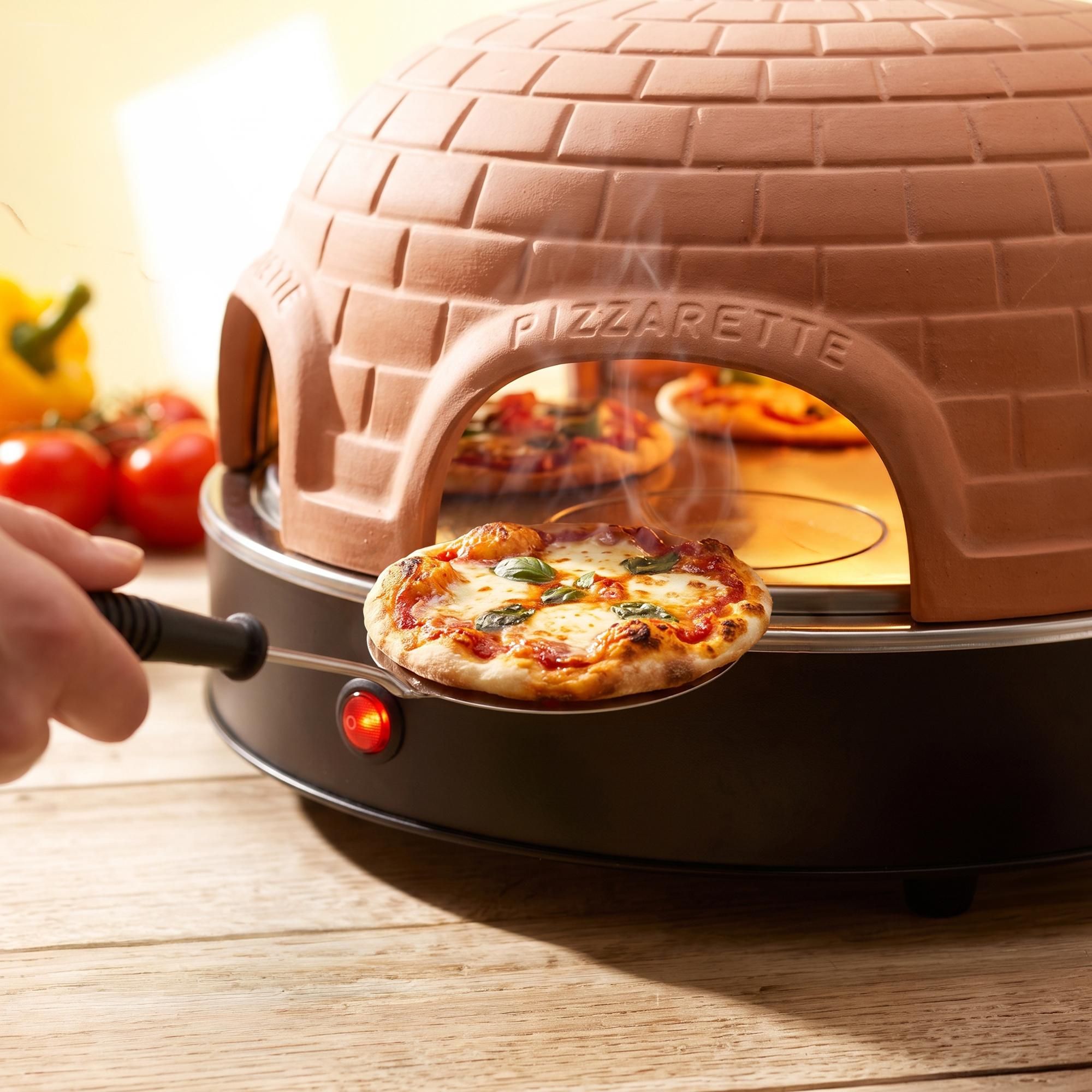Emerio Pizzarette Original PO-115984 – 1200W – Pizzaofen für 6 Personen – Handgefertigte Terrakotta-Kuppel – Pizza Ofen – 6 Backspachteln - Cool Touch