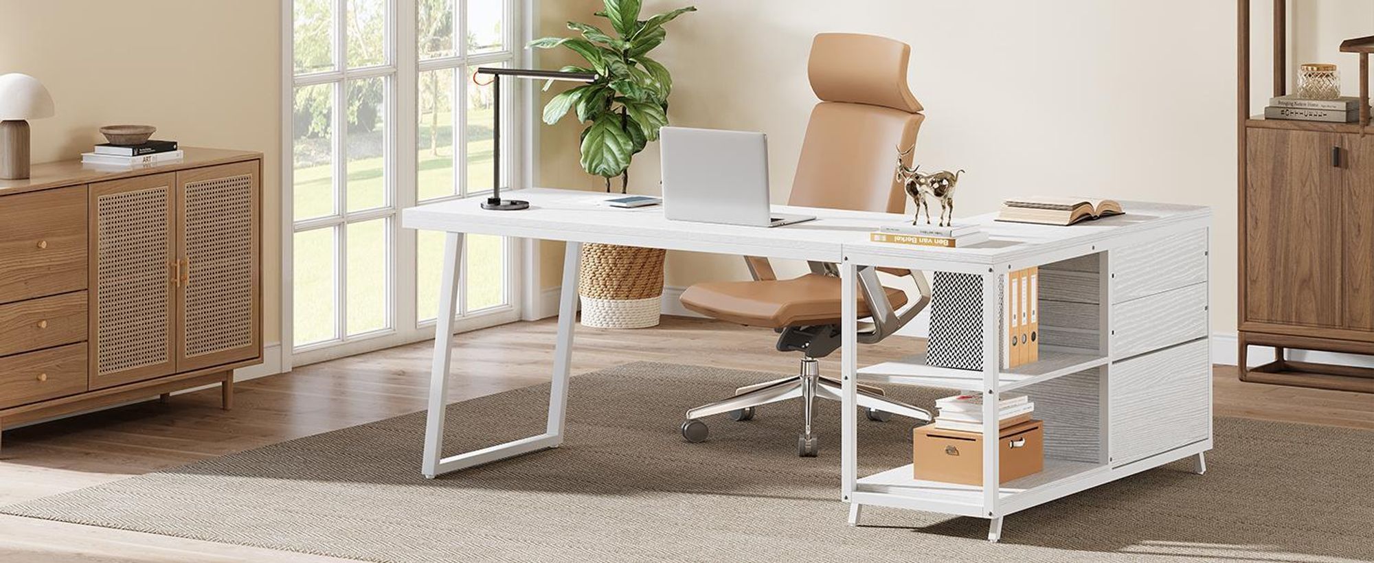 Tribesigns Scrivania a L con 3 cassetti, computer ad angolo reversibile per ufficio con ripiani, computer industriale 135 cm, tavolo da lavoro, bianco