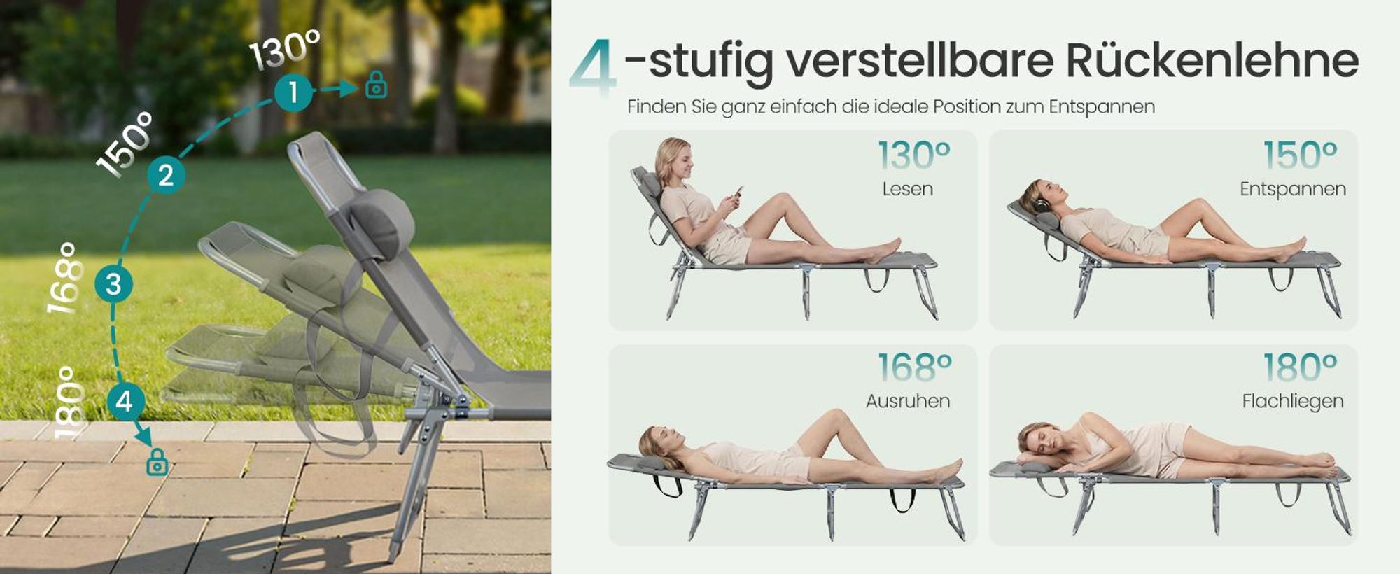 SONGMICS Sonnenliege klappbar, 2er Set, mit Kopfstütze, belastbar bis 110 kg, verstellbare Sonnenblende, grau