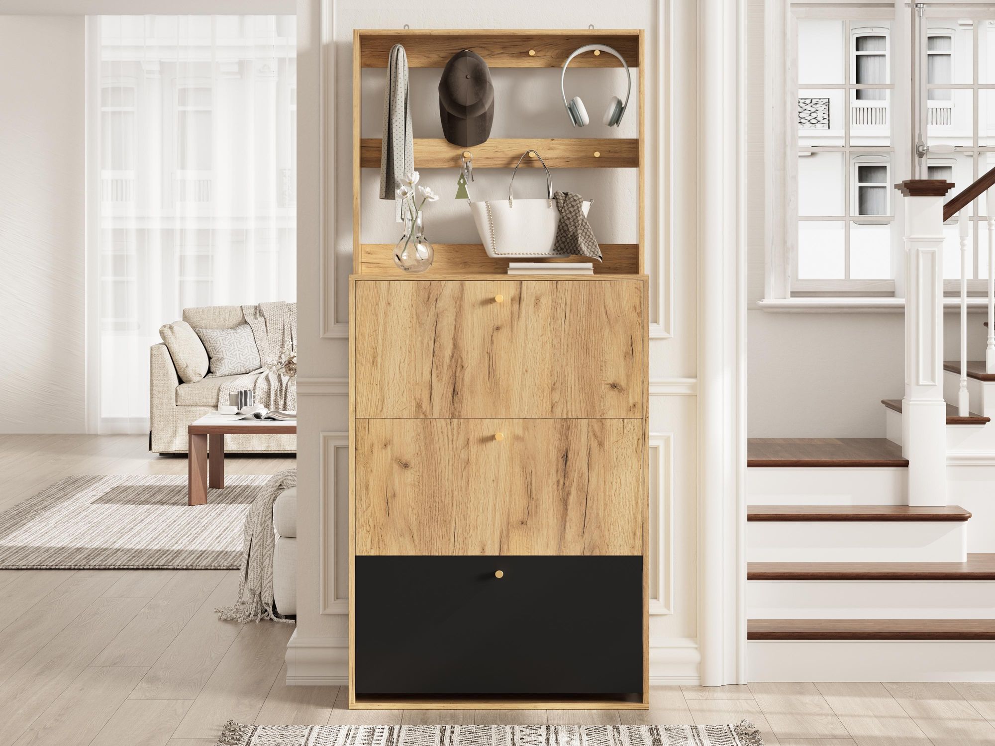 Merax Schuhschrank mit 3 Klappen und 8 Haken, Schmaler Schuhregal, Holz Schuhkipper mit Stauraum, moderner Schuhschrank für Flur, Natur+Schwarz