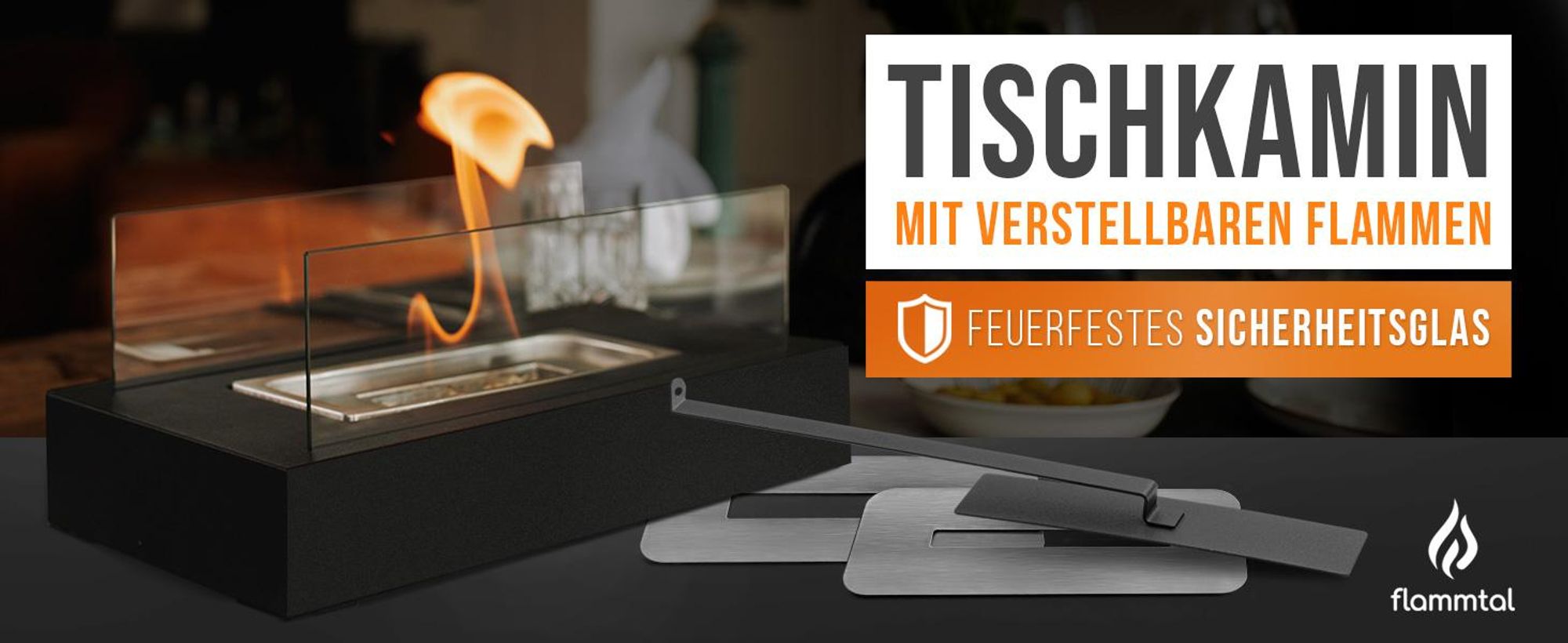 Flammtal [Das Original] Bioethanol Tischkamin XL 35 cm [3h Brenndauer] – Tischfeuer für Indoor & Outdoor – Mit verstellbarer Flamme – Ethanolkamin