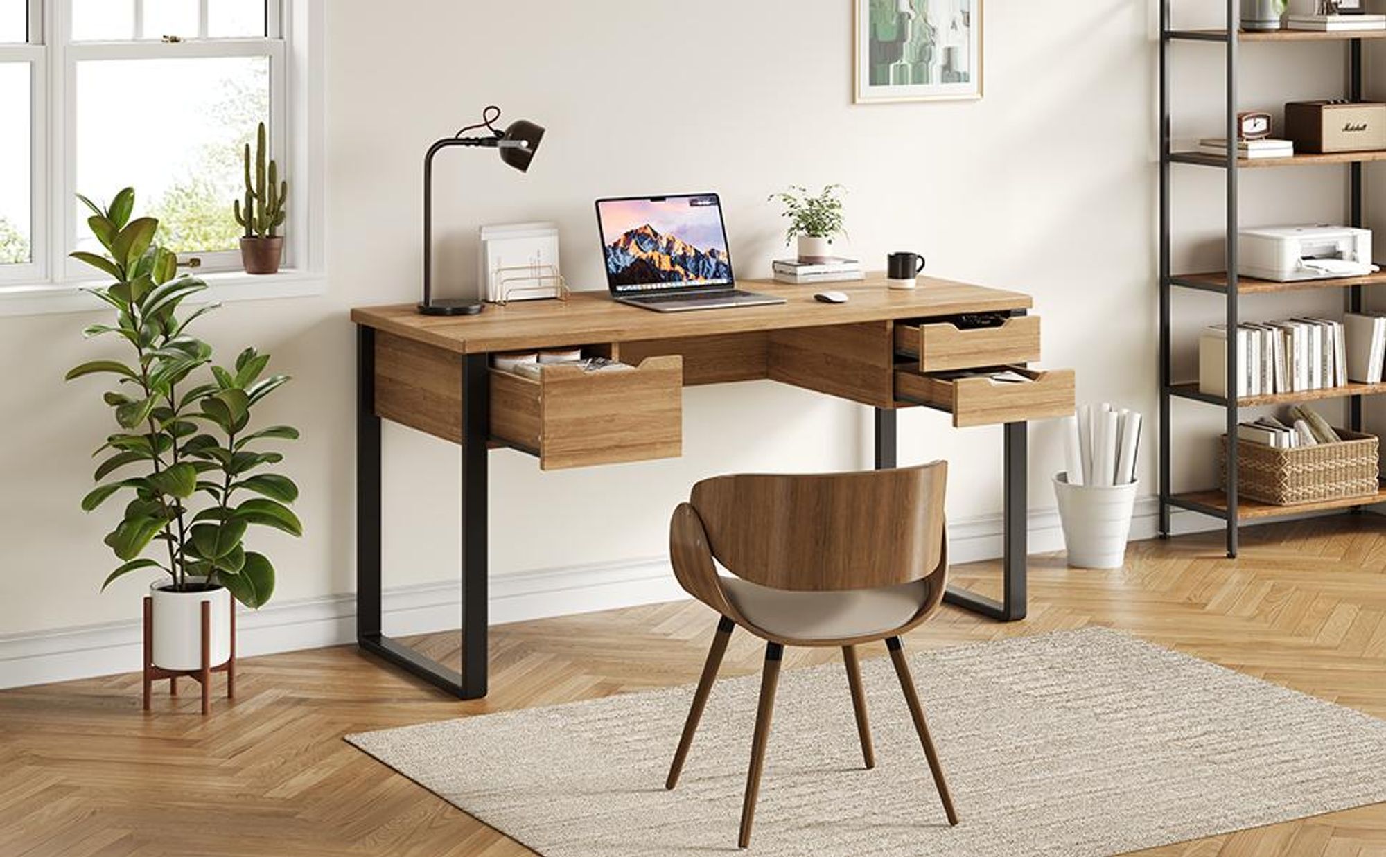 Merax Schreibtisch 130x55x76cm, Minimalistischer Bürotisch Mit 3 Schubladen, Stahl Holz Schreibtisch Mit Metallrahmen, Computertisch, Natur