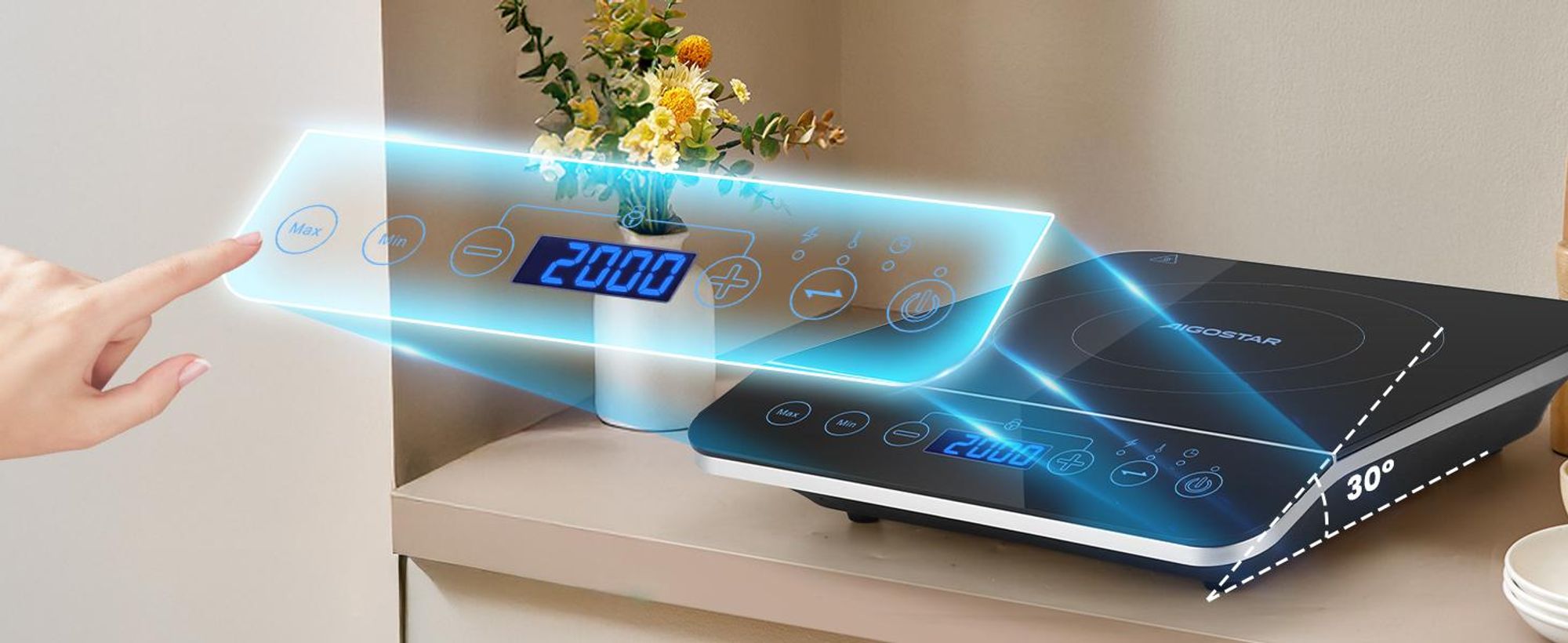 Aigostar Induktionskochfeld/10 Leistungsstufen/200W-2000Watt/Temperaturbereich 60-240℃/LED Display/Schwarz