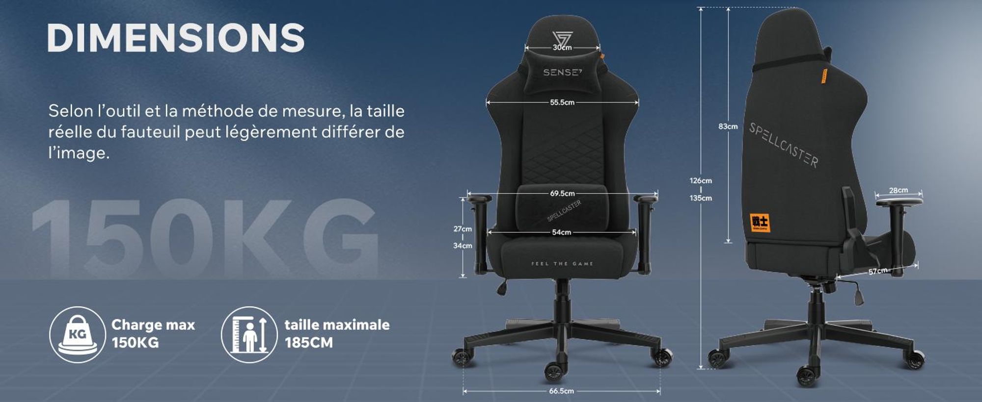 SENSE7 Spellcaster SENSHI Fauteuil gaming en tissu noir - Fauteuil de bureau ergonomique, fauteuil de bureau, fauteuil gaming, charge maximale 150 kg, accoudoirs 2D, fauteuil de direction