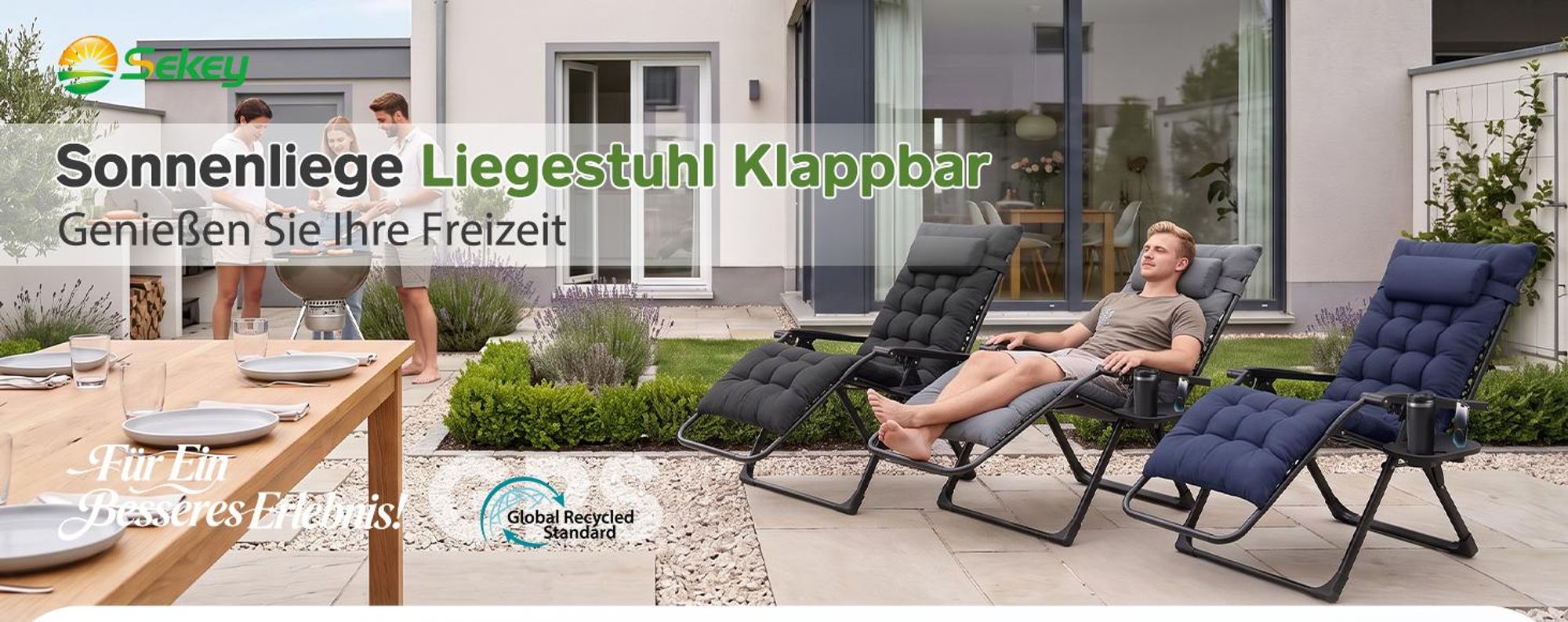 Sekey Liegestuhl Klappbar bis 150 kg Sonnenliege mit Liegestuhlauflage, 3-Stufig Verstellbar Klappstuhl, 64 cm Breit, Grau