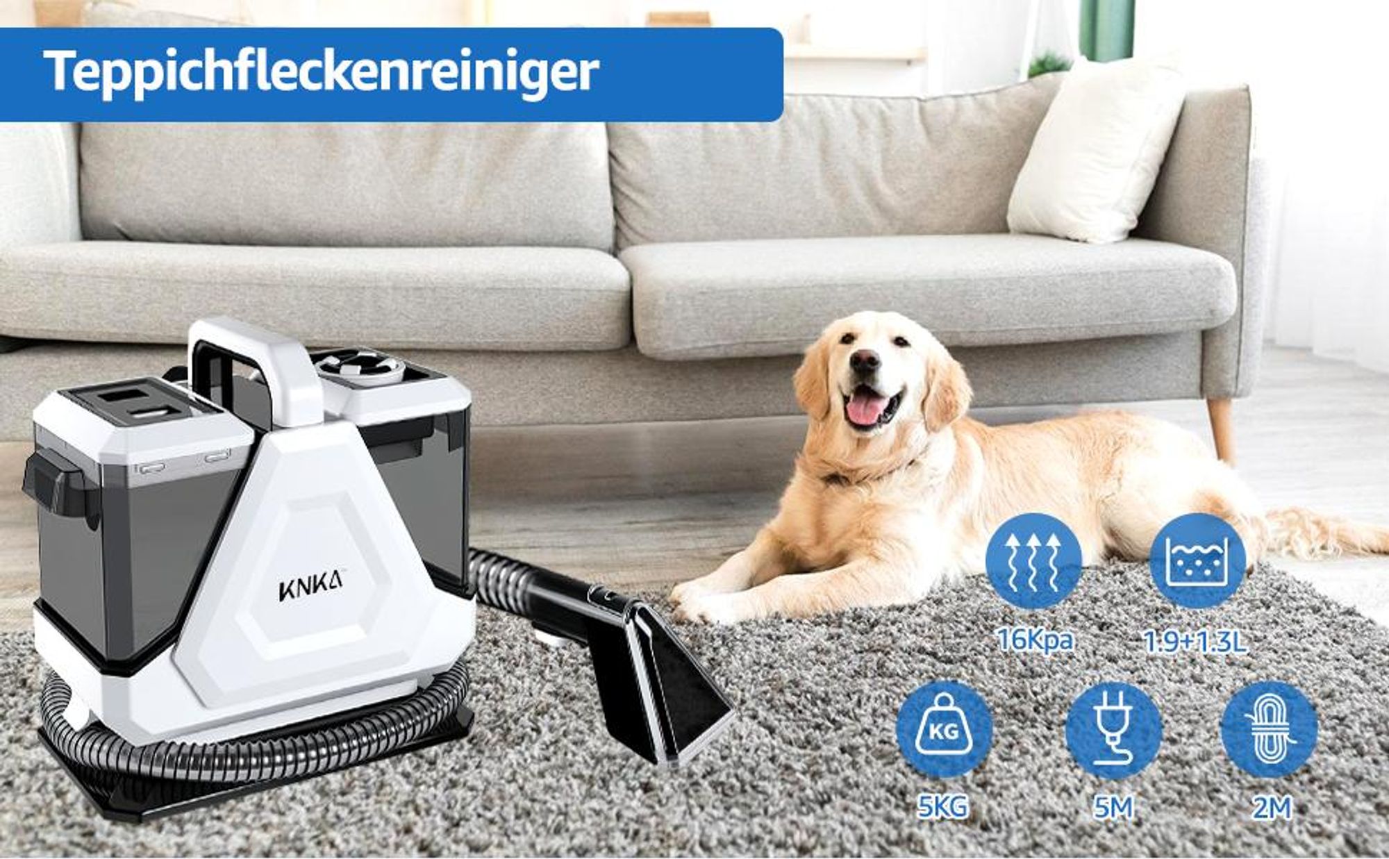 KNKA PRO 550W Polsterreiniger Gerät, Teppichreiniger für Alltägliche Flecken & Verschmutzungen, Waschsauger, Nasssauger für Teppiche, Polster & Auto