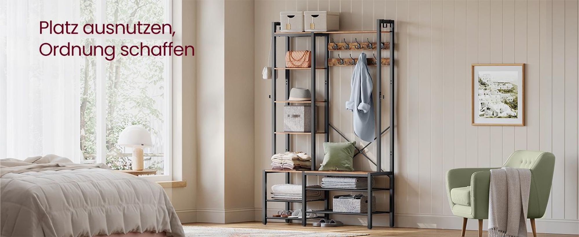 VASAGLE Garderobenständer mit Schuhbank, 5 Regalebenen, 9 Dreifach-Haken, 6 seitliche Haken, 40x120x190 cm, Vintagebraun-tintenschwarz