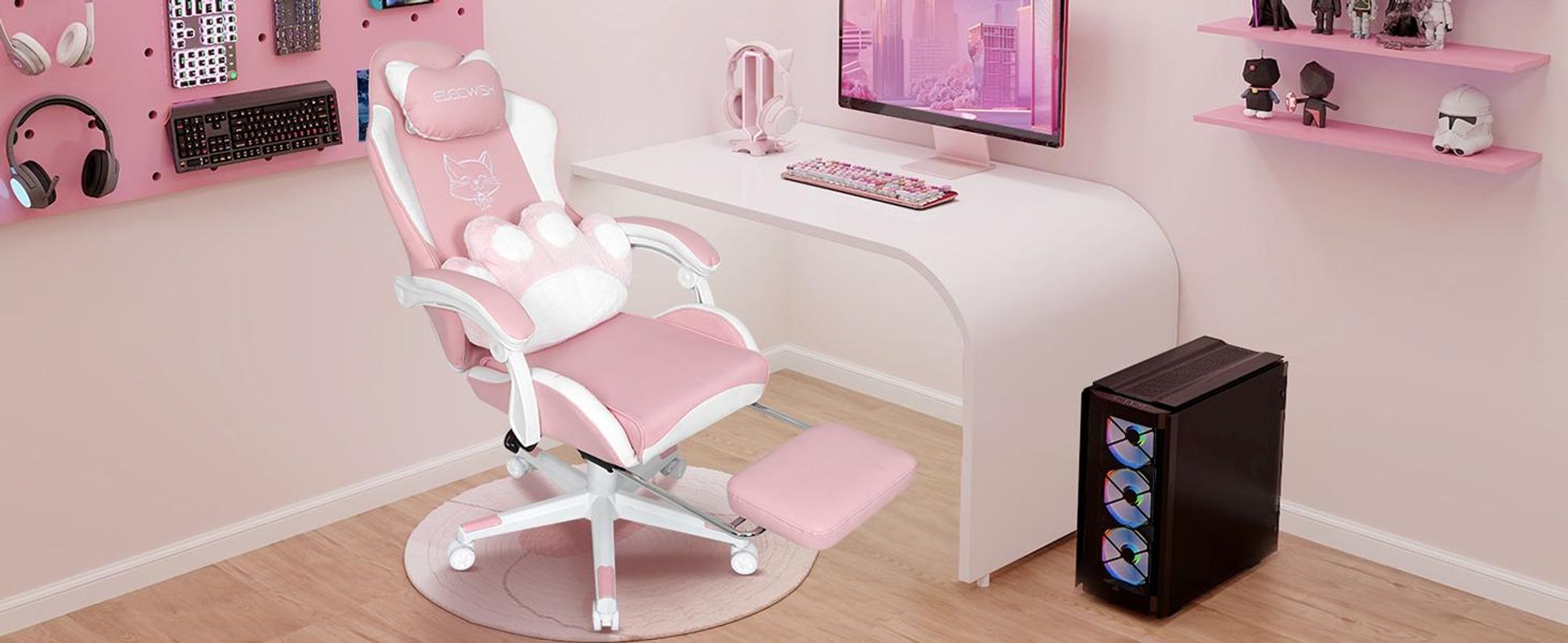 Puluomis Gaming Stuhl mit Fußstütze, Bürostuhl Chefsessel Schreibtischstuhl Racing Stuhl ergonomisch drehbar höhenverstellbar Katze Weiß Pink