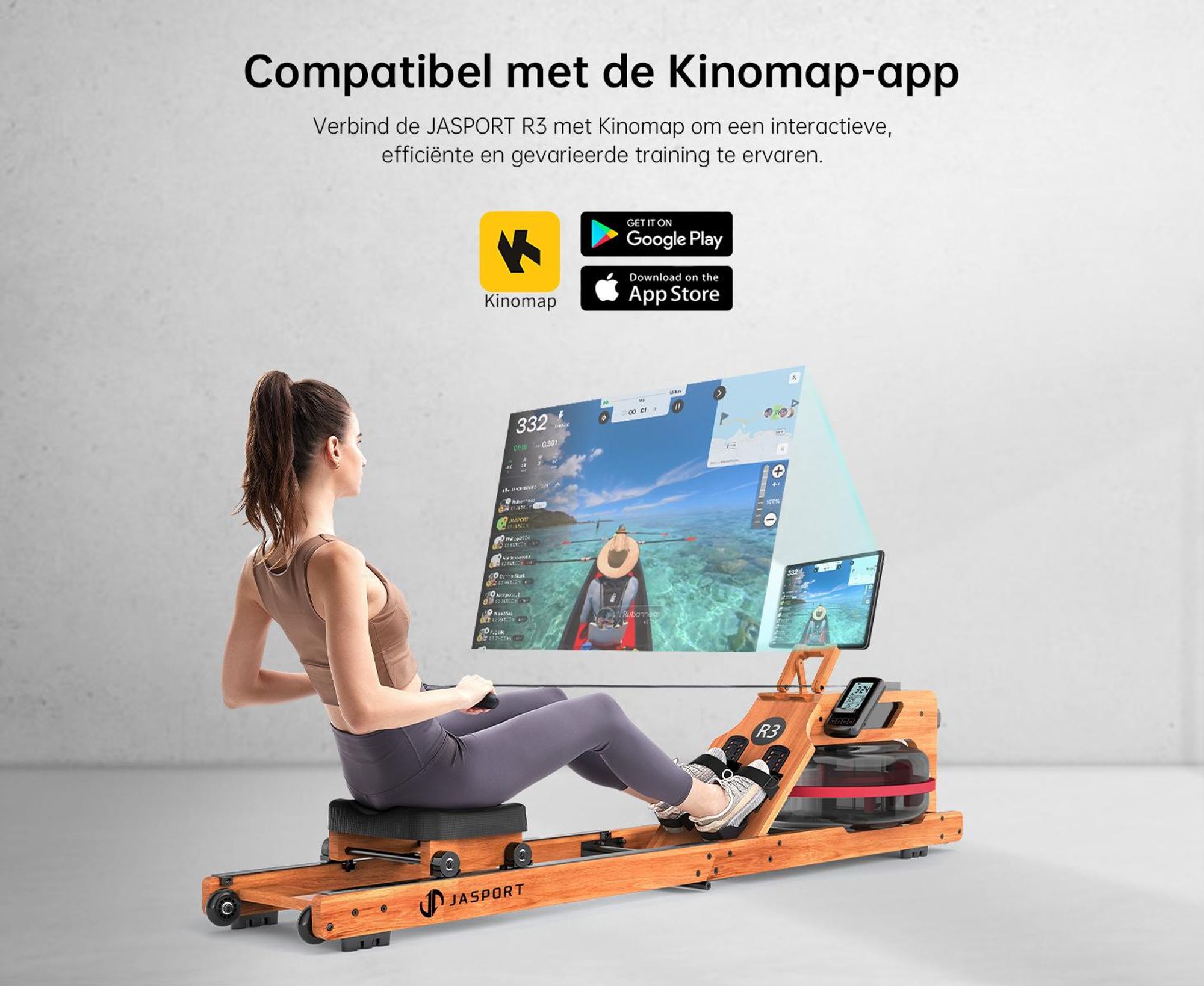 JASPORT R3 opvouwbare roeimachine vangecertificeerd eikenhout met waterweerstand, Bluetooth, LCD, Kinomap, 28 l, tot 150 kg – Cherry