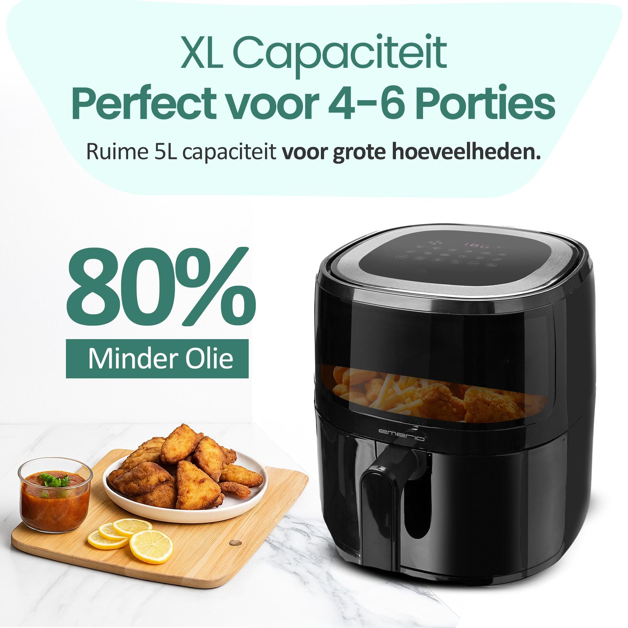 Emerio Airfryer XL AF-129329.3 – 5 L – 12 Kookprogramma’s – 80 tot 200 °C – Digitaal Display – Timer – Kijkvenster – Zwart