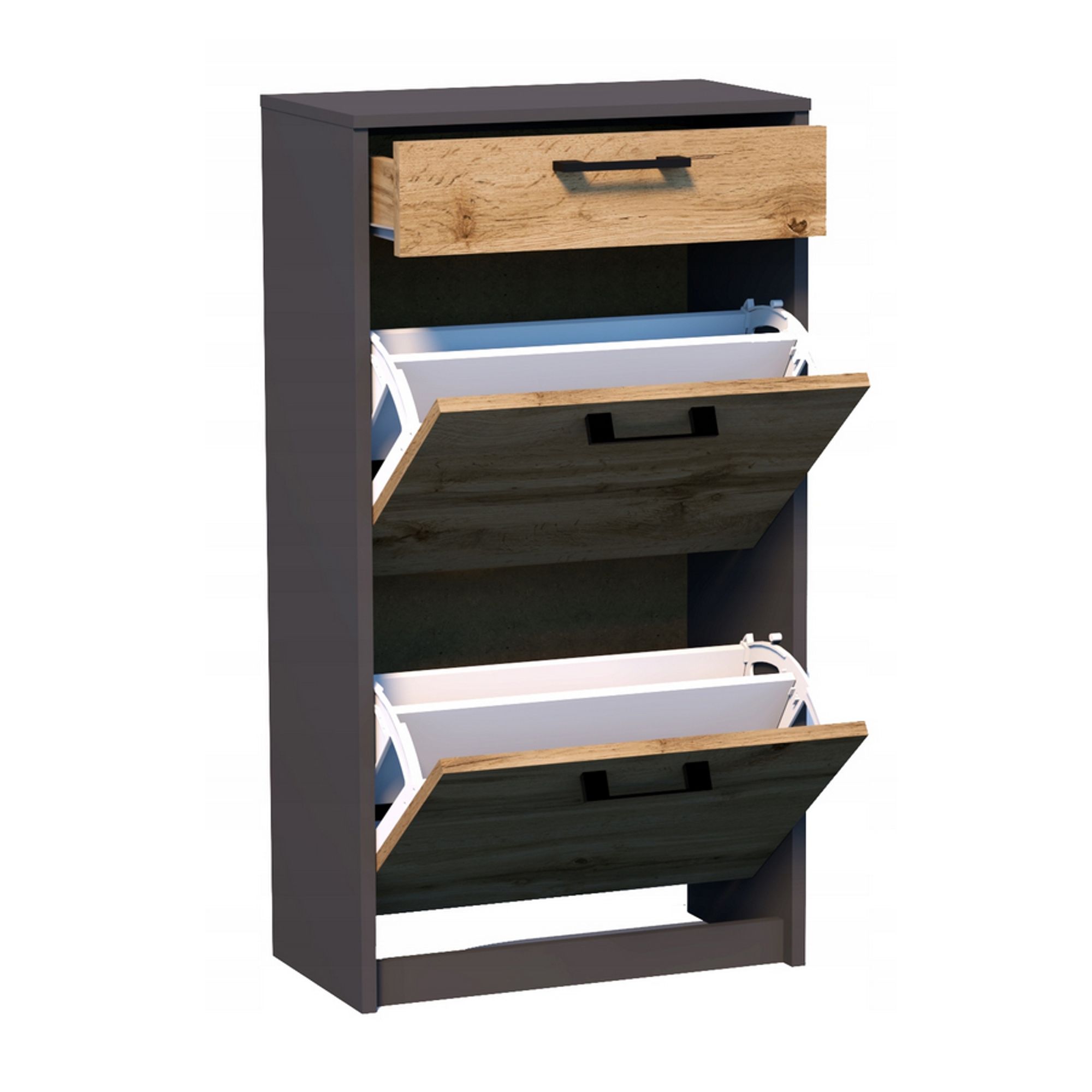 Meblando Schuhschrank Schuhregal mit 2 Klappen Schuhkipper für ca. 8 paar Schuhe 92 x 50 x 28 cm Schuhkommode Anthrazit Grau / Wotan Eiche