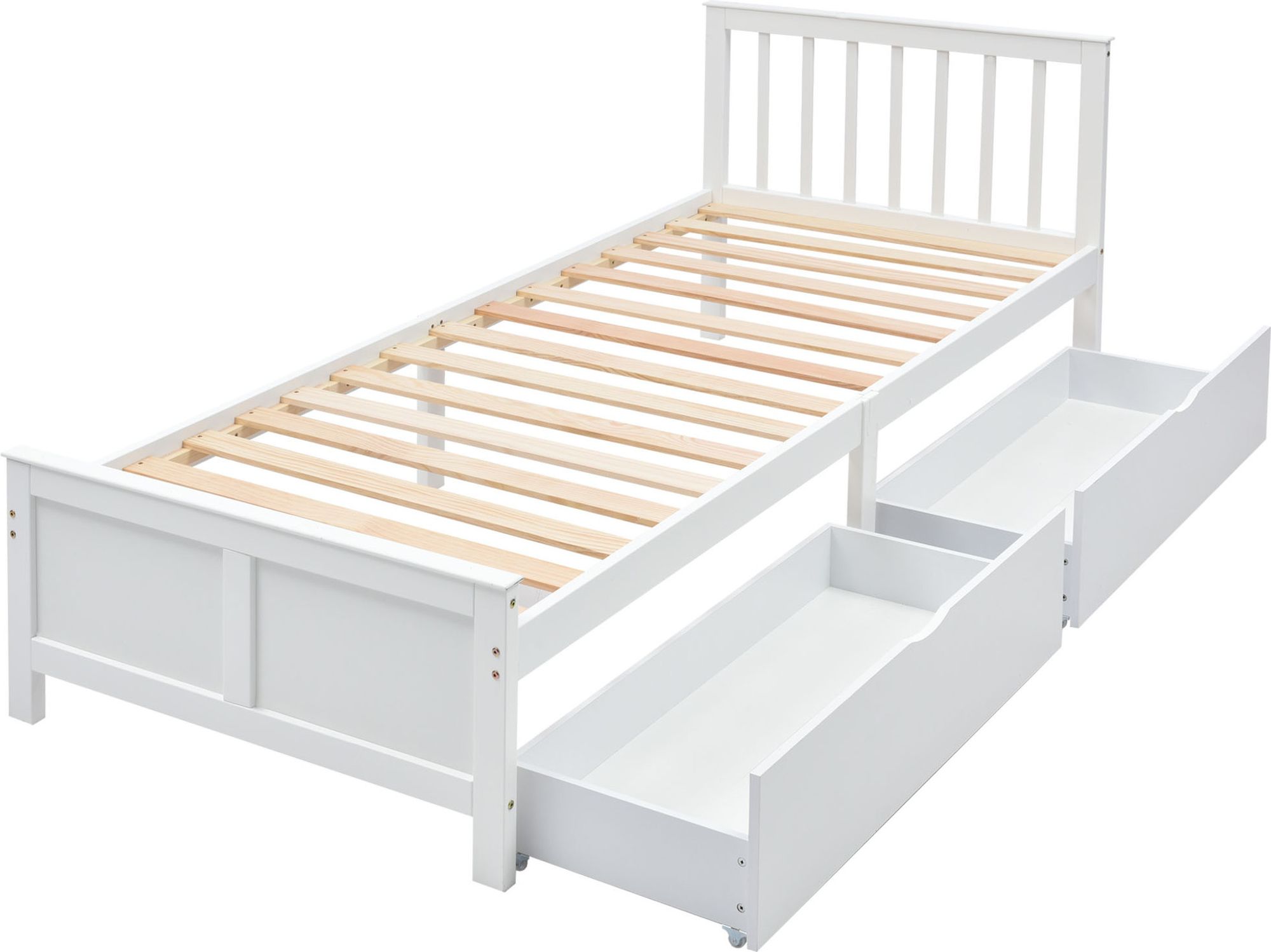 Flieks Massivholzbett Klassisches Bett 90x200cm mit Lattenrost und 2 Schubladen, Jugendbett Einzelbett Gästebett weiß