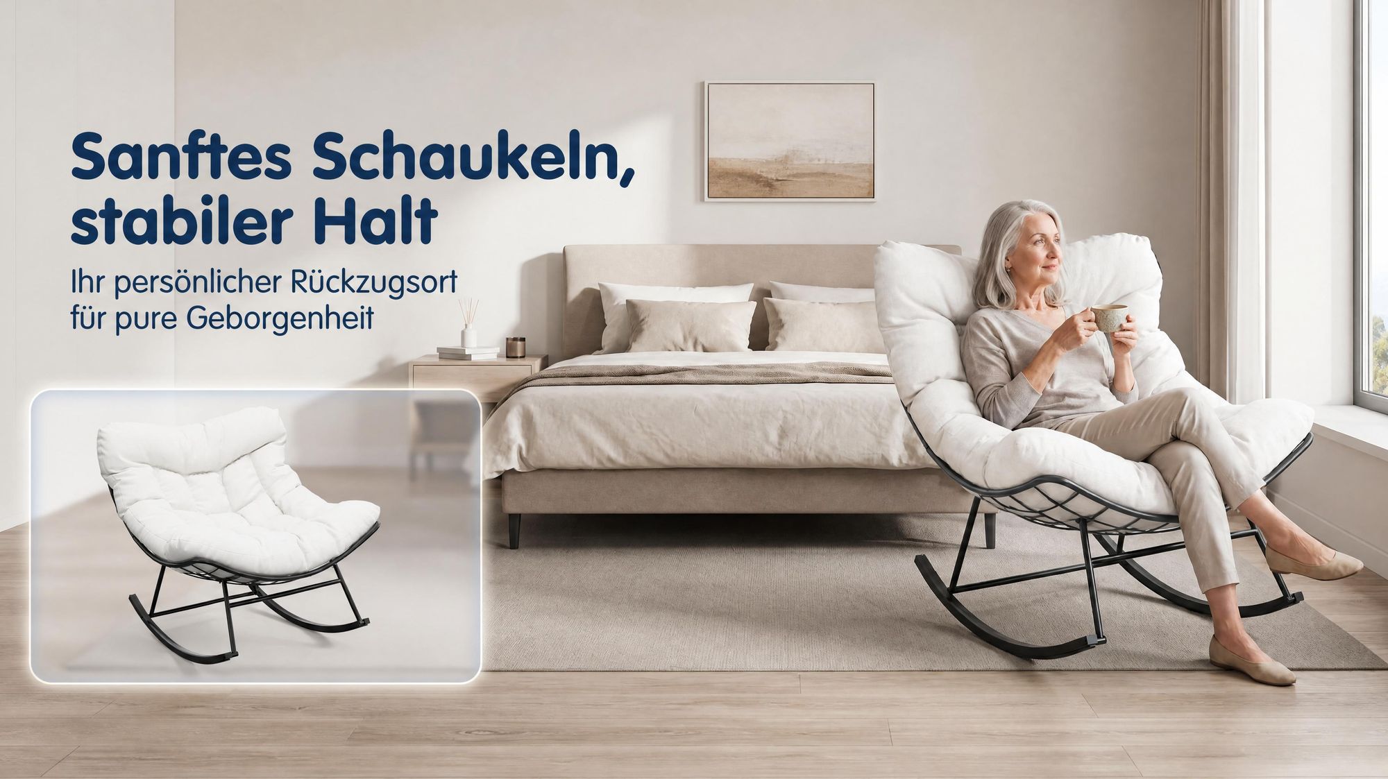 Papasan Schaukelsessel Outdoor mit dickem Kissen & Ottomane – Großer Relaxsessel aus wetterfestem Rattan, stabiler Stahlrahmen, Weiß