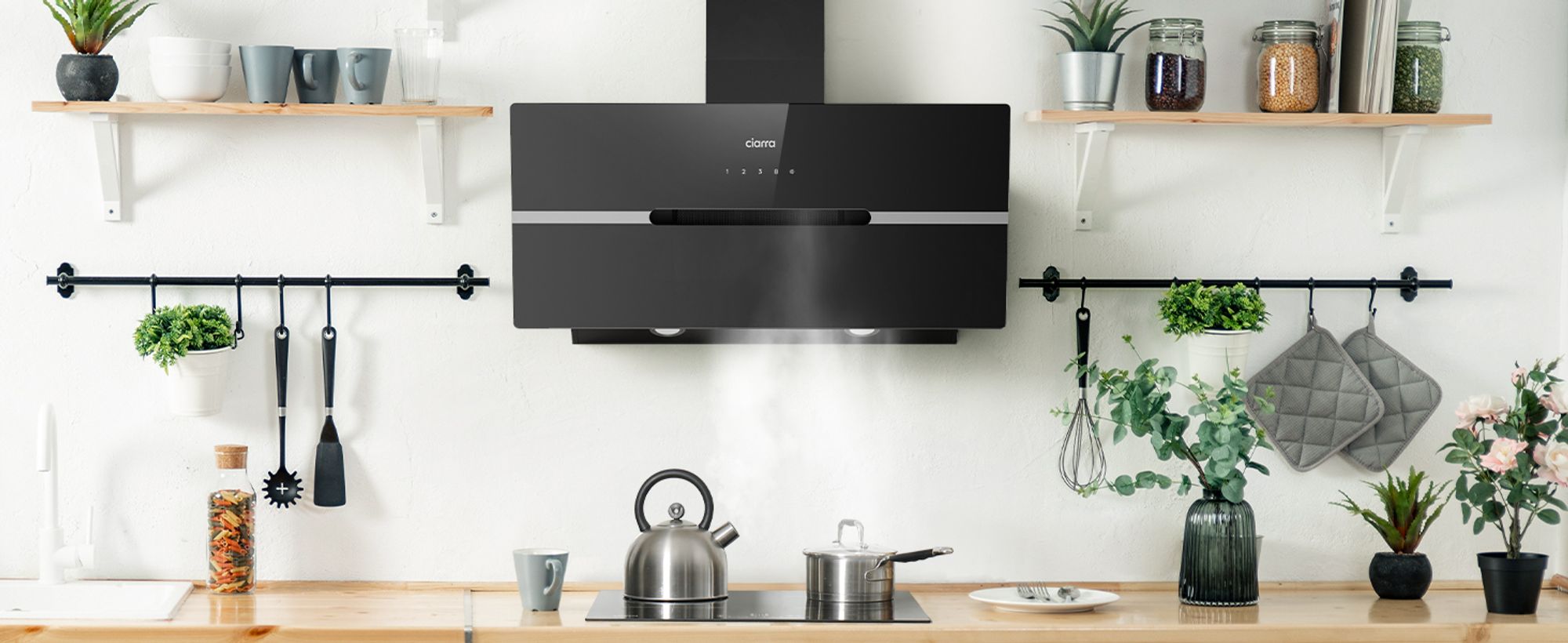 CIARRA Kopffreihaube A+++ 650 m³/h Dunstabzugshaube 90cm Inkl. BOOST WIFI-APP Touch Control VM9736FB
