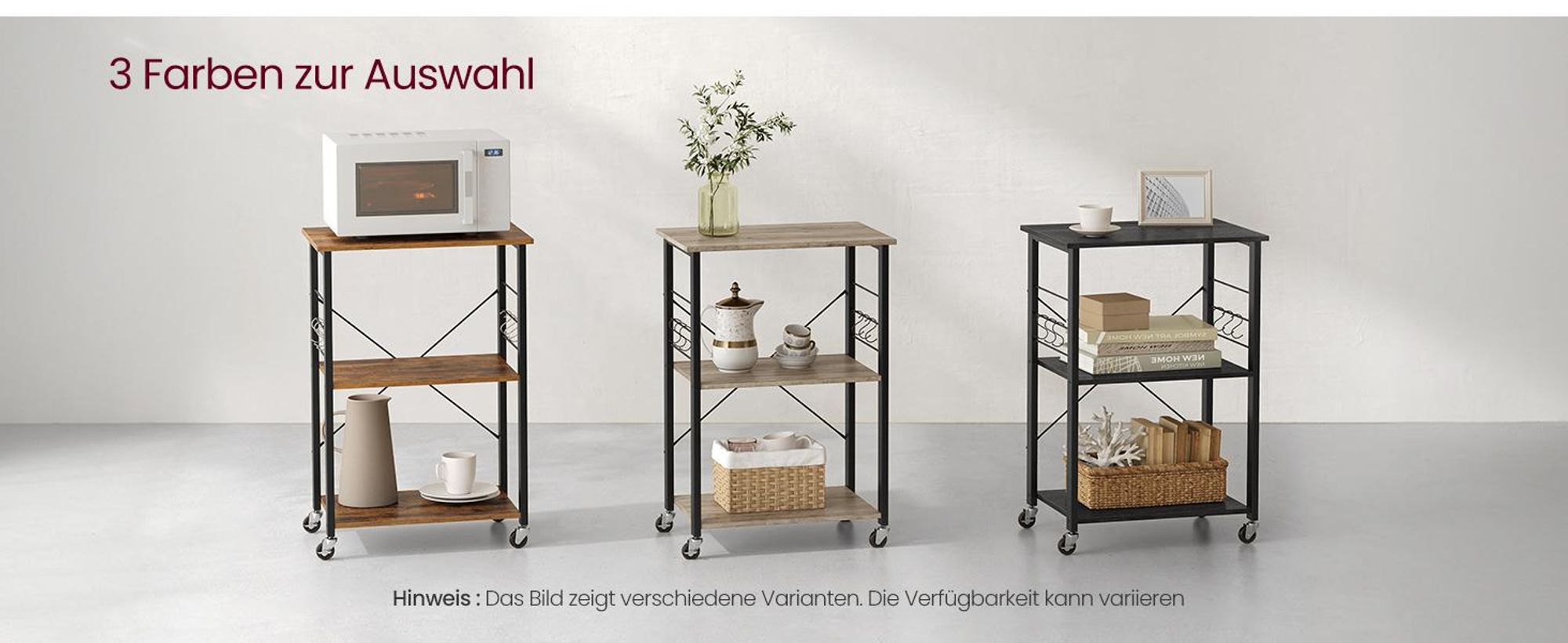 VASAGLE Küchenwagen mit 3 Ebenen, 6 Haken, 40 x 60 x 89 cm, Schwarz