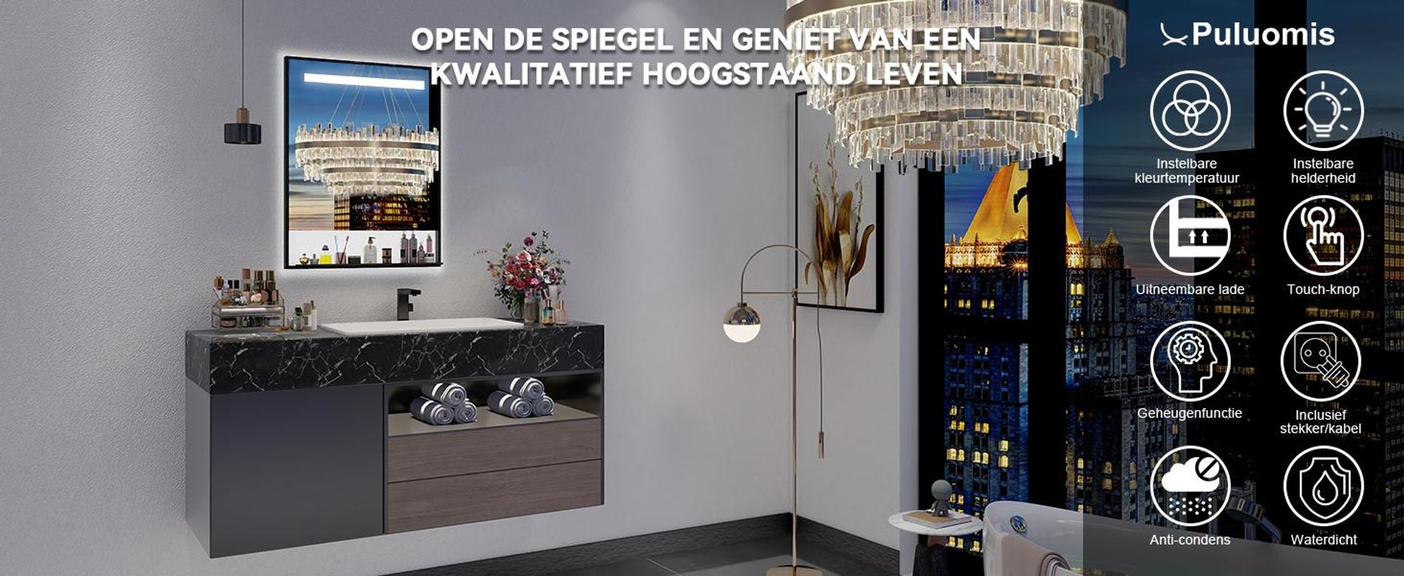 Puluomis Badspiegel, badkamerspiegel met LED-verlichting, 60x80 cm, anti-condens, 3 lichtkleuren, dimbaar, afneembaar opbergvak en geheugenfunctie