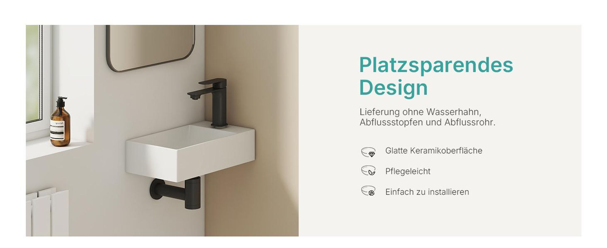 EMKE Waschbecken wandhänged Keramik Rechteckig 380x220mm Weiß Glänzend Platzsparendes Handwaschbecken für Gäste-WC & kleines Bad