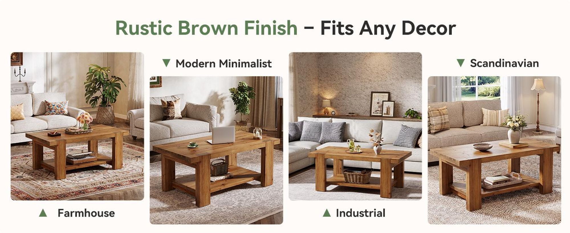 Tribesigns Massivholz Couchtisch 120 x 60 cm, 2-stufiger Rechteck Landhaus Wohnzimmertisch mit Stauraum, rustikaler Mitteltisch für Wohnzimmer