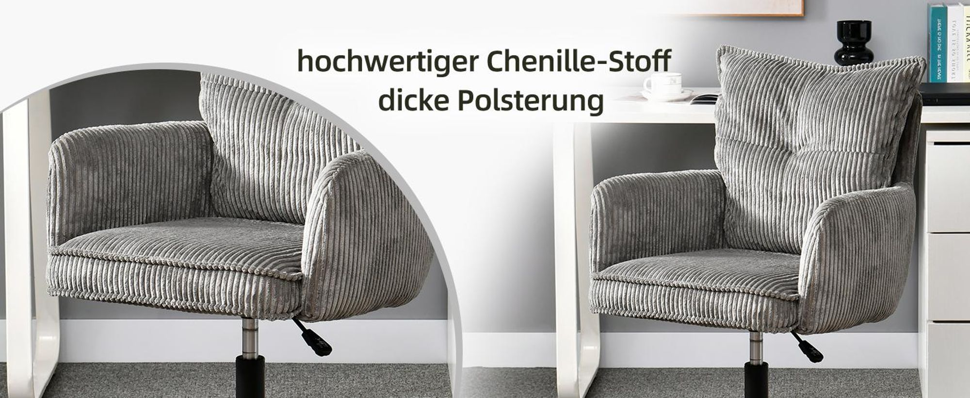 Duhome Bürostuhl Schreibtischstuhl aus Kordsamt, Drehstuhl Schminktisch Stuhl Höhenverstellbar Computerstuhl, Grau