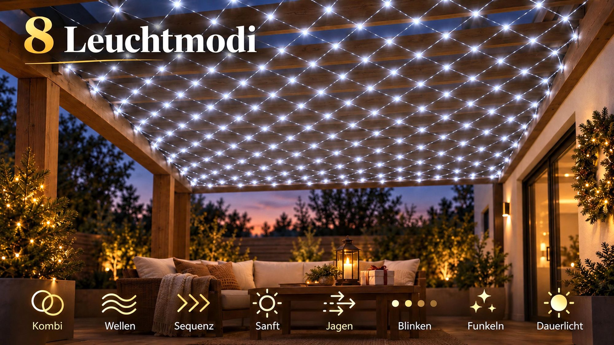 2X2m 144 LED Lichterkette Netz Lichternetz Weiß 8Modi Speicherfunktion Stecker für Büsche Garten Weihnachtsbaum Party Weihnachten Beleuchtung Deko