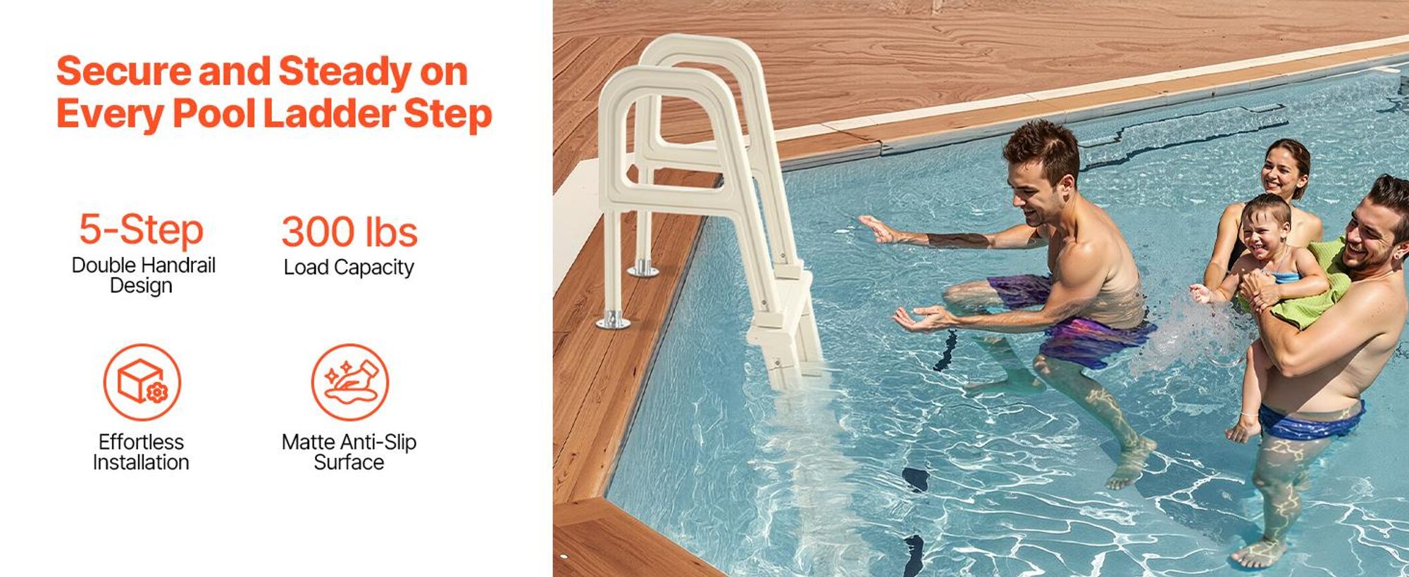 VEVOR Poolleiter, 75° geneigte 5-Stufen-Treppe mit Doppelhandlauf, Pool Einstieg, 136kg Tragkraft, für 122–137cm große eingebaute & oberirdische Pools auf jeder Deckoberfläche im Innen- & Außenbereich