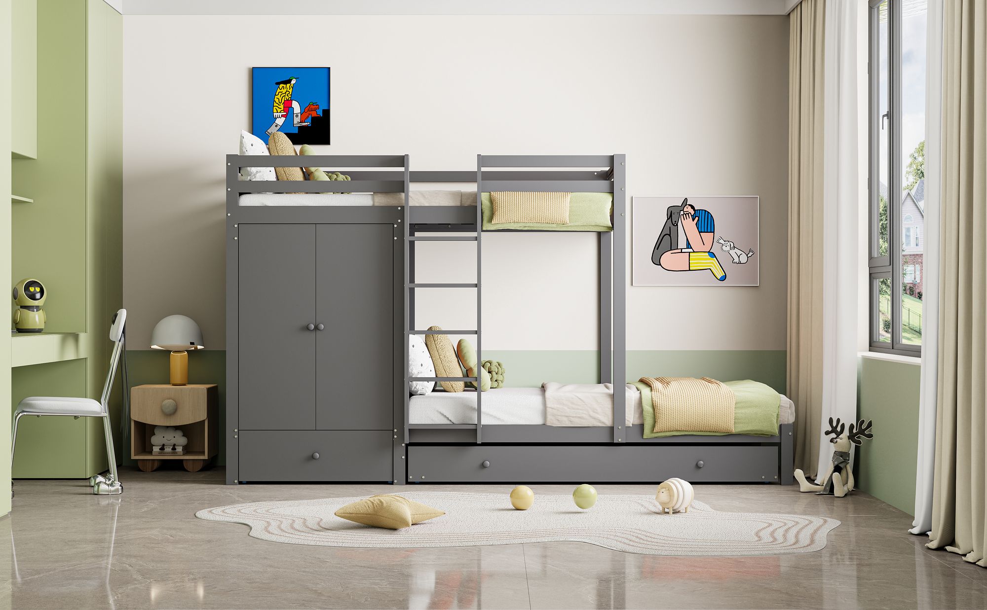 okwish Etagenbett Stockbett 90x200cm mit Ausziehbett 90*190cm, Hochbett mit Rausfallschutz, Massivholzbett Kinderbett Bettgestell mit Kleiderschrank, Schubladen und Ablagefach, grau