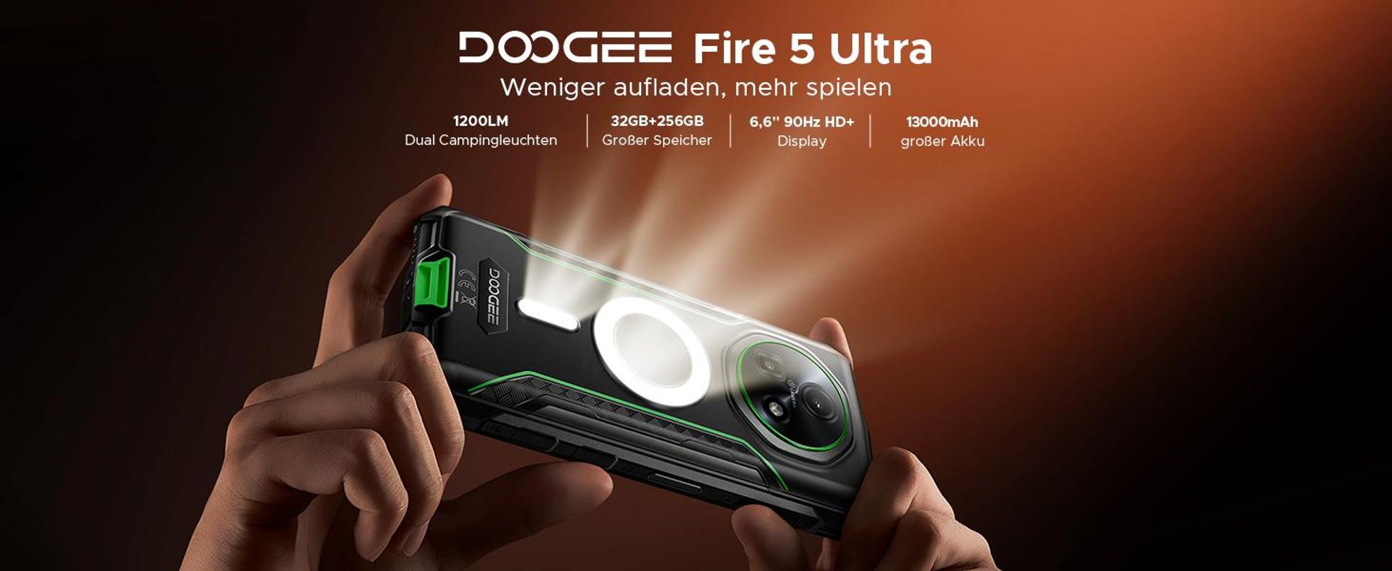 DOOGEE Fire 5 Ultra Outdoor Smartphone Handy, 4G, IP68/IP69K, 6,6" 90Hz, 13000mAh, 32+256GB, 48MP, NFC, Fingerabdruck, ohne Vertrag