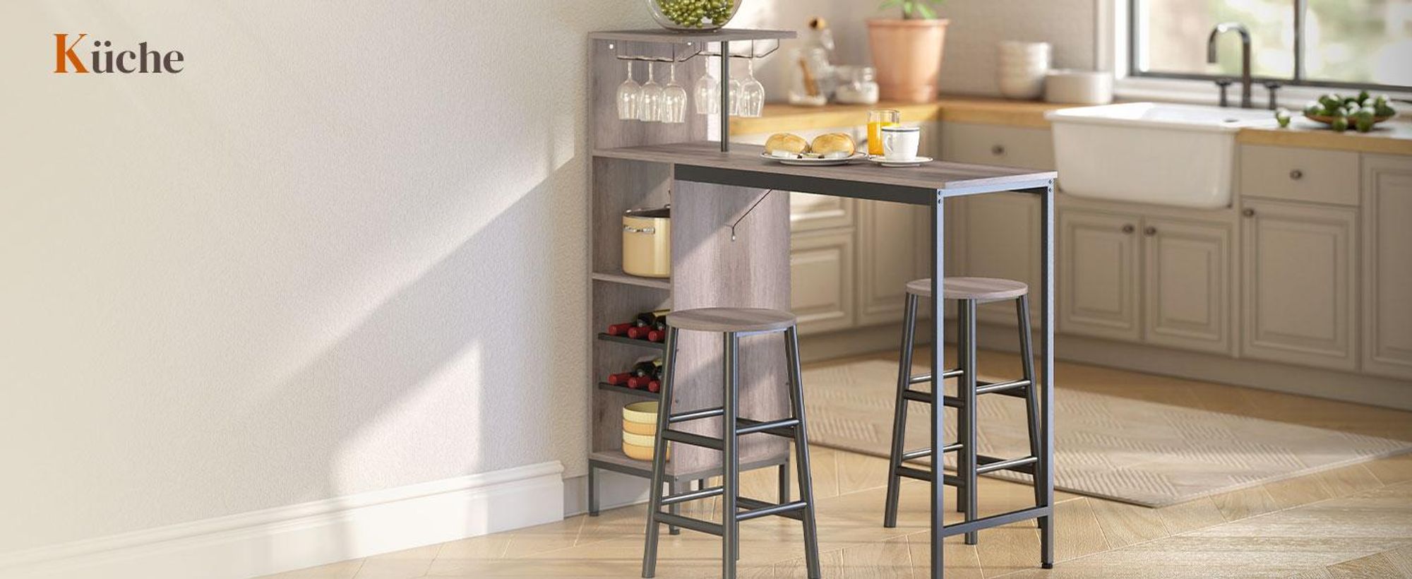 HOMCOM Bartisch mit Barhocker Set Tresentisch mit 2 Stühlen mit Fußstütze, Grau