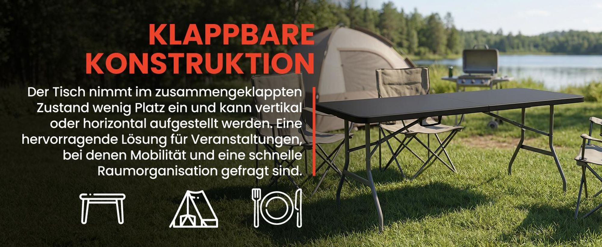 Klapptisch Campingtisch Garten Tragegriff klappbar 180cm Camping Gartentisch Schwarz Party Tisch